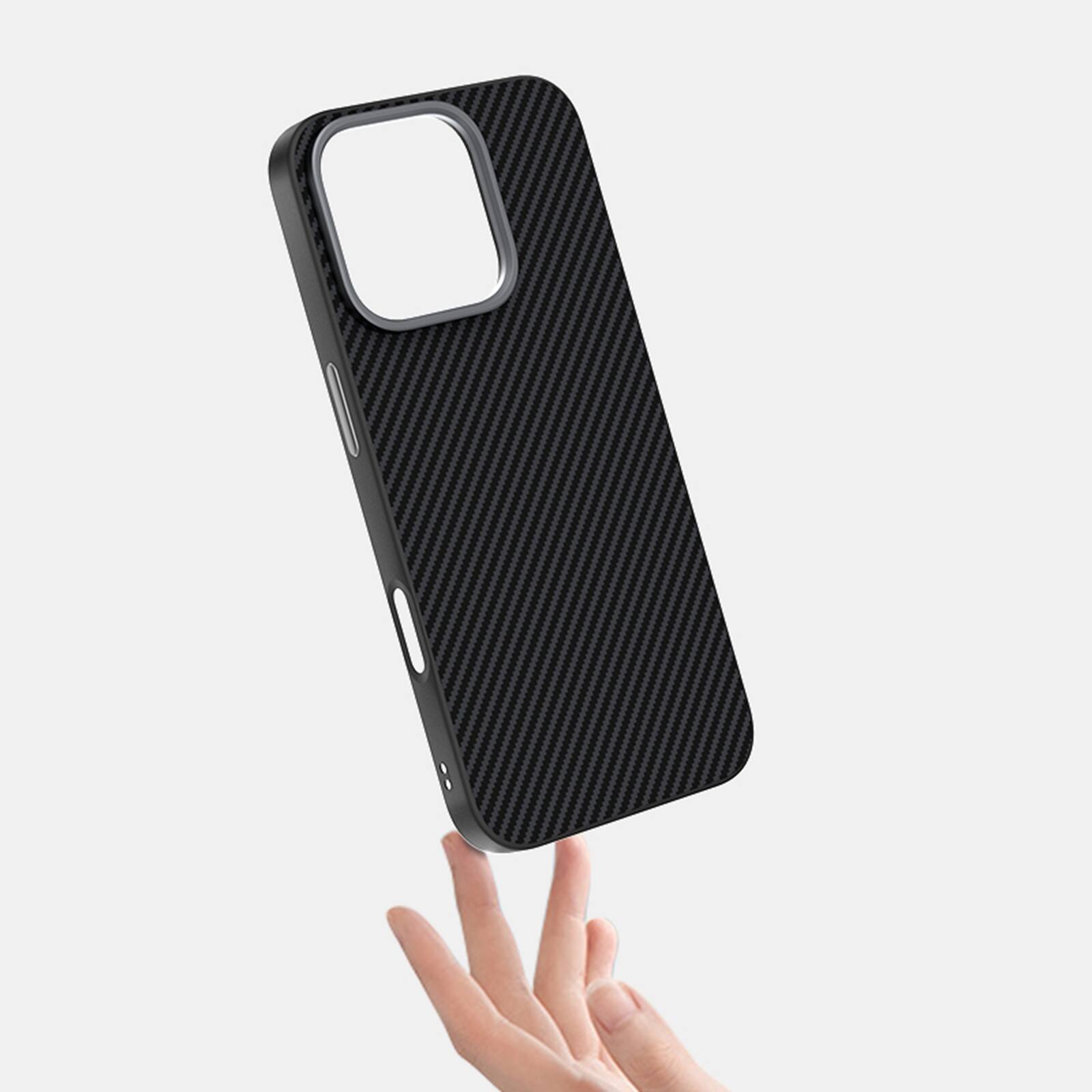 Angle. Dteck - Carbon Fiber Texture Magnetic Case for Apple iPhone 16 Pro, Shockproof Slim Protective Cover with Metal Camera Ring - Black.