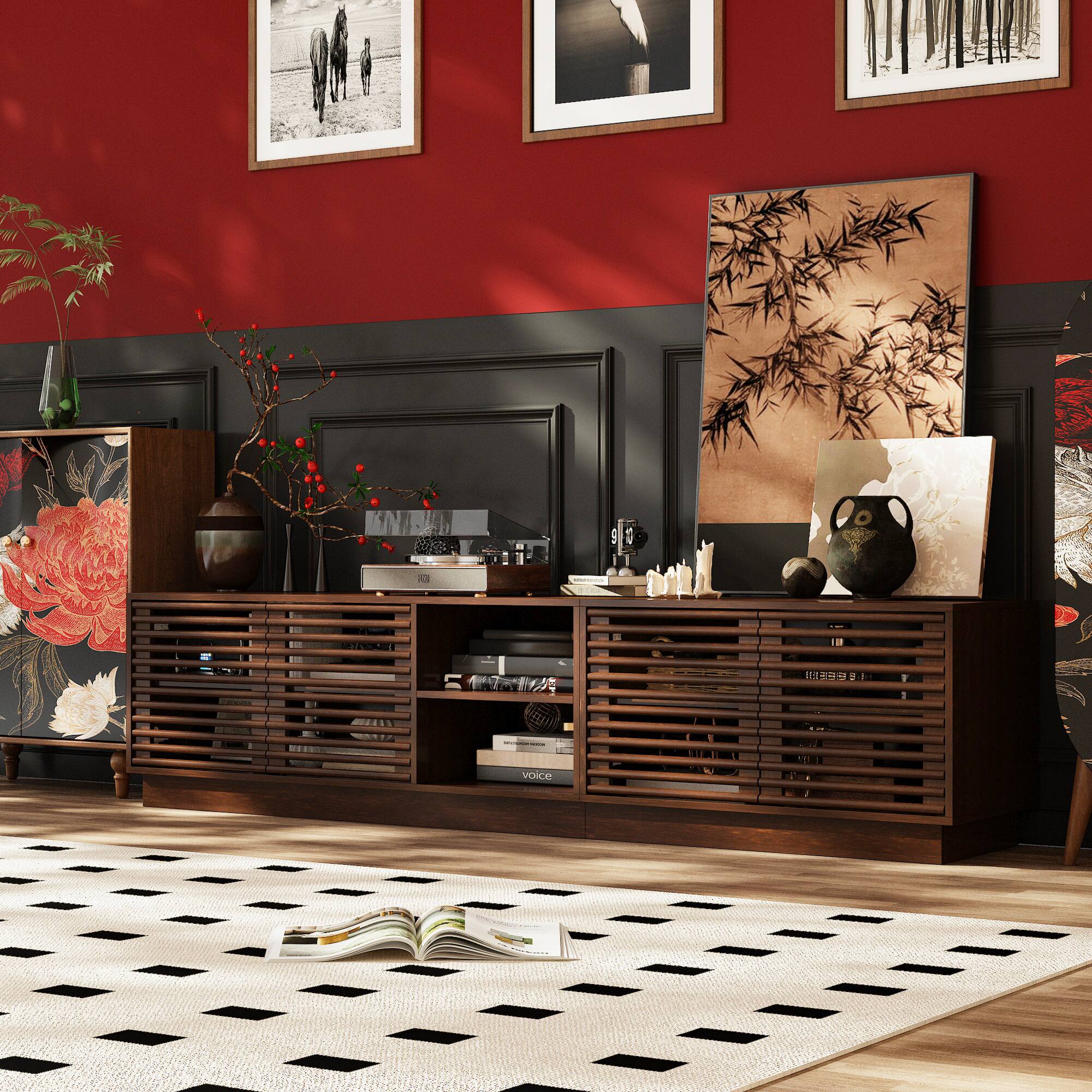 Alt View 8. Famapy - Walnut TV Stand for 80 Inch TV, Mid-Century Media Console with Cable Management & Louvered Doors, Vintage Storage Cabine - Walnut.