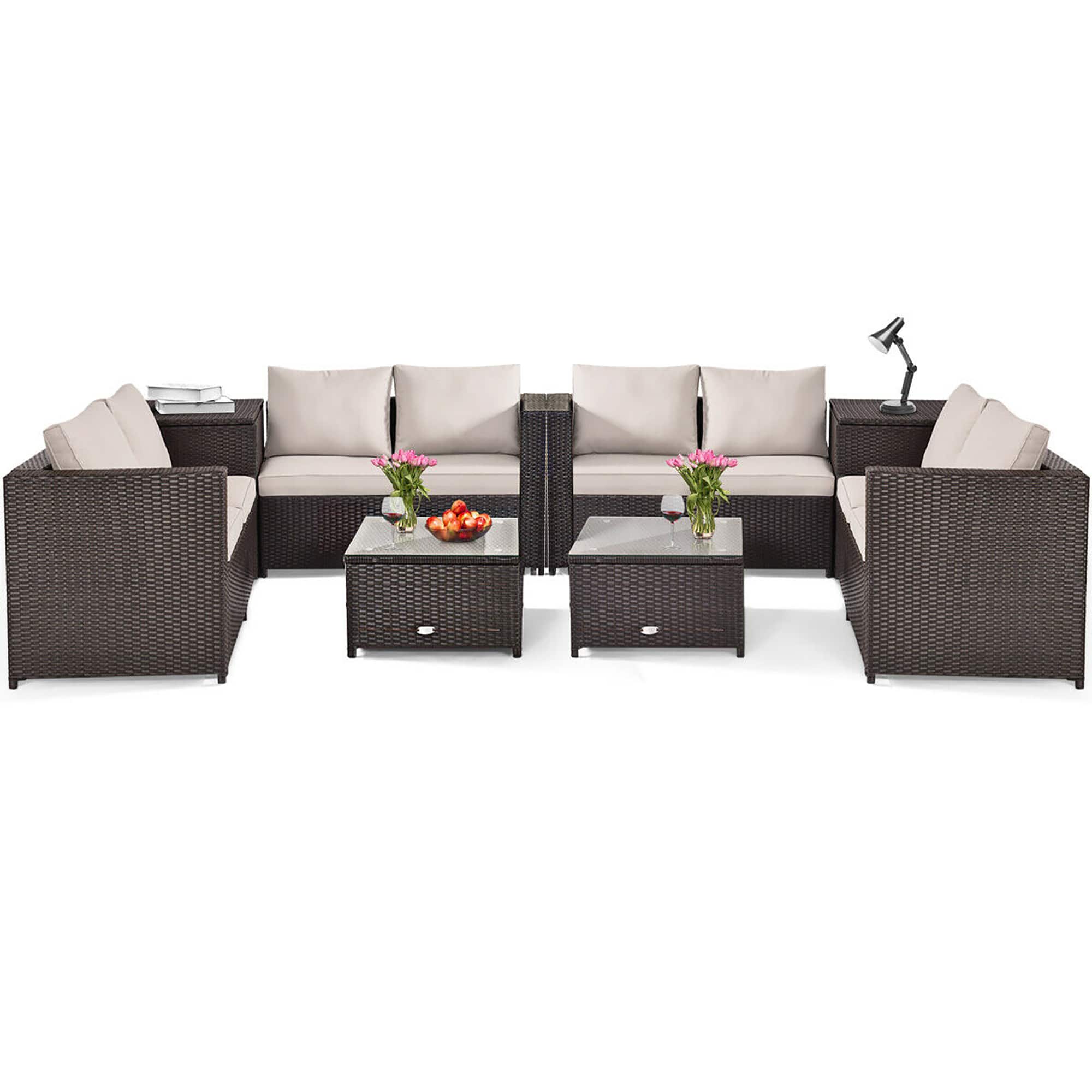 Costway - 8PCS Outdoor Patio Rattan Furniture Set Cushioned Loveseat Storage Table - Brown price history on PriceWatchPro