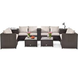 Costway - 8PCS Outdoor Patio Rattan Furniture Set Cushioned Loveseat Storage Table - Brown