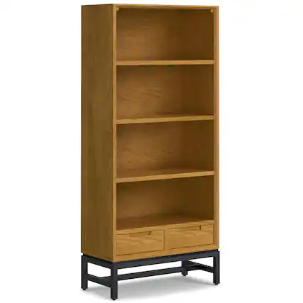 Front. Simpli Home - Banting 66 inch Tall Solid Wood Mid Century Bookcase in Oak Veneer - Oak Veneer.