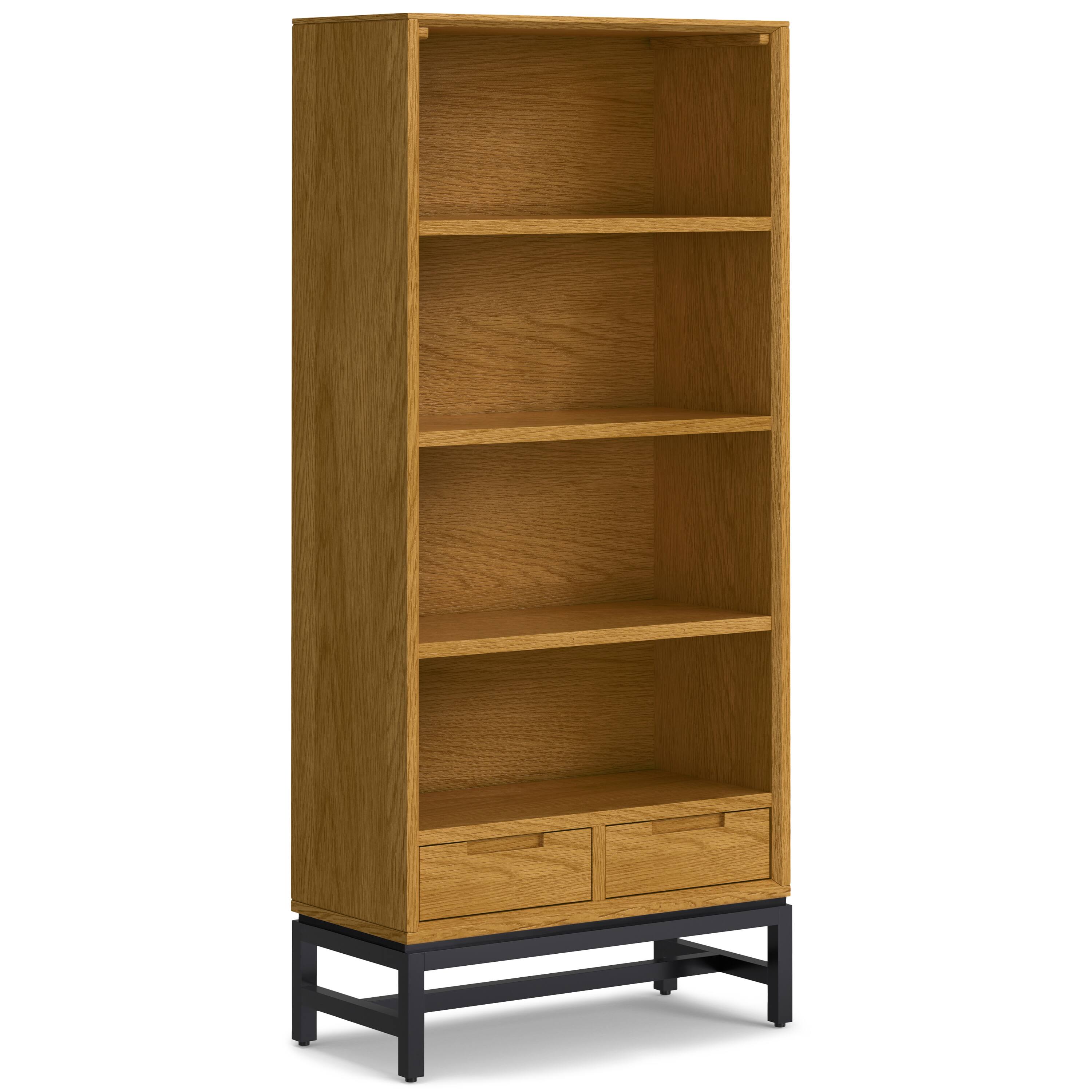 Front. Simpli Home - Banting 66 inch Tall Solid Wood Mid Century Bookcase in Oak Veneer - Oak Veneer.