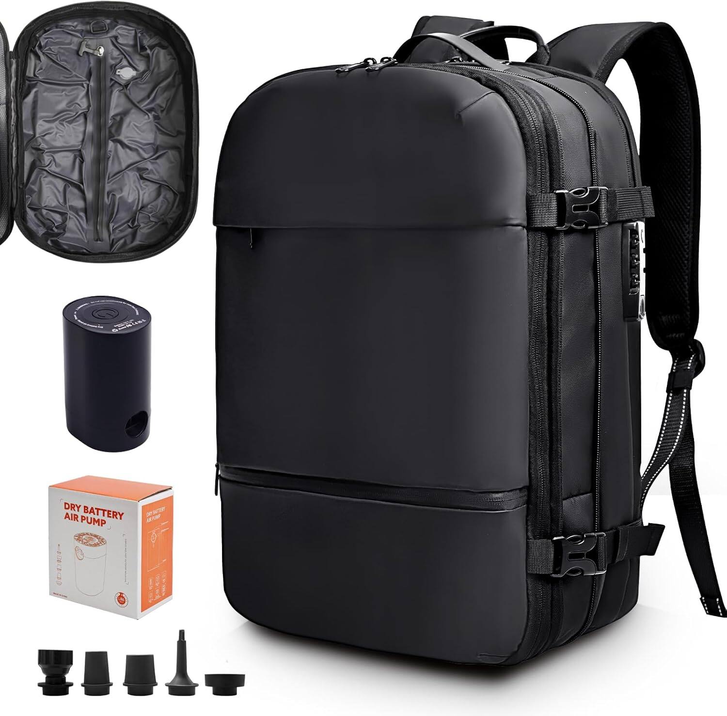 Wikistore - 60L Vacuum Backpack Expandable Compression Travel Bag with Electric Air Pump for Laptop - Black