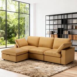 Vipbear - L-Shaped 100" Leather Modular Sectional Sofa with Storage Ottoman,3-Seater Solid Wood Frame,Camel - Brown-L