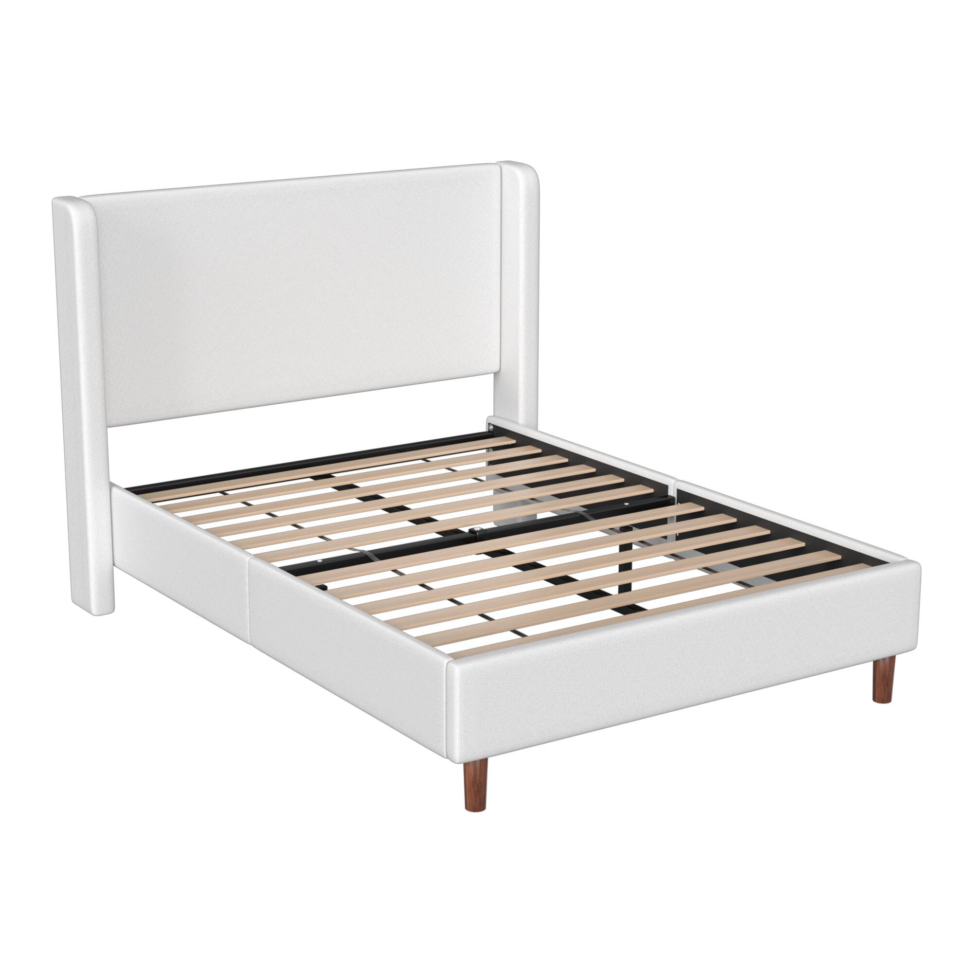 Left. Brick Attic - 1000lbs Upholstered Wingback Platform Bed Frame with Detachable Legs- Solid Wood, Cat-Scratch Resistant Fabric - White.