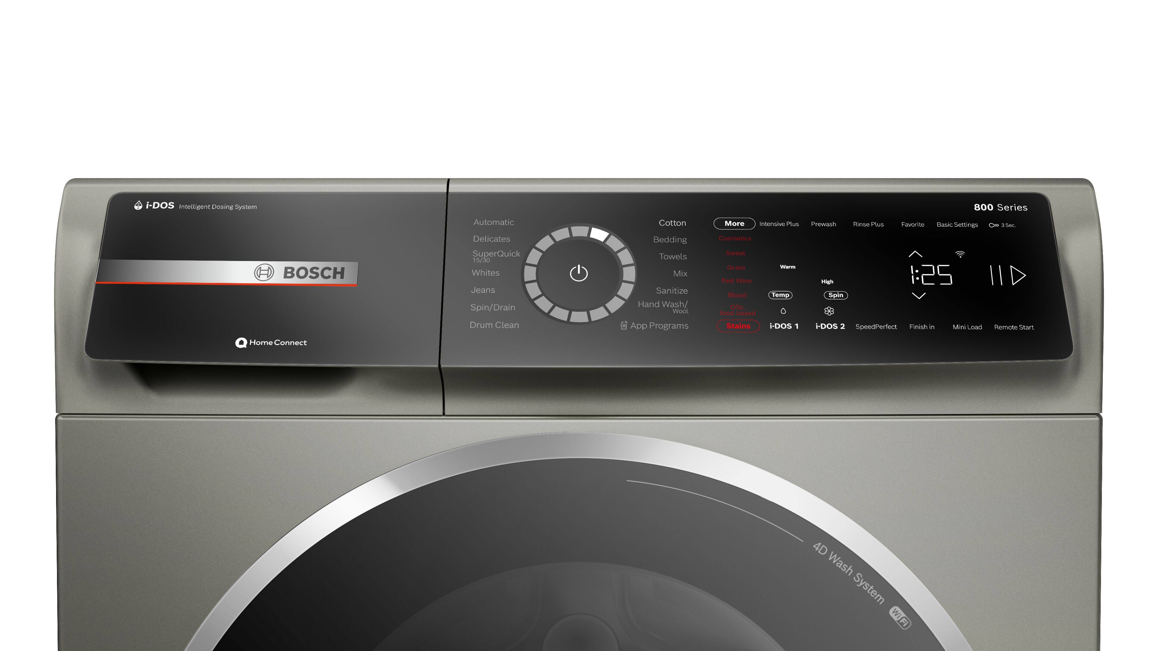 The text on the image reads: "i-DOS Intelligent Dosing System BOSCH Automatic Delicates SuperQuick 15/30 Whites Jeans Spin/Drain Drum Clean Cotton Bedding Towels Mix Sanitize Hand Wash/ Wool App Programs 800 Series More intensivo Plus Prewash Rinse Plus Favorite Basic Settings & Sec Cosmetics Sweat Orass Wwr Red Wine Might 1:25 IID Blood Temp Spin OSA School based Stains i-DOS 1 i-DOS 2 SpeedPerfect Finish in Mini Load Remote Siar Home Connect 4D Wash System WIFI."