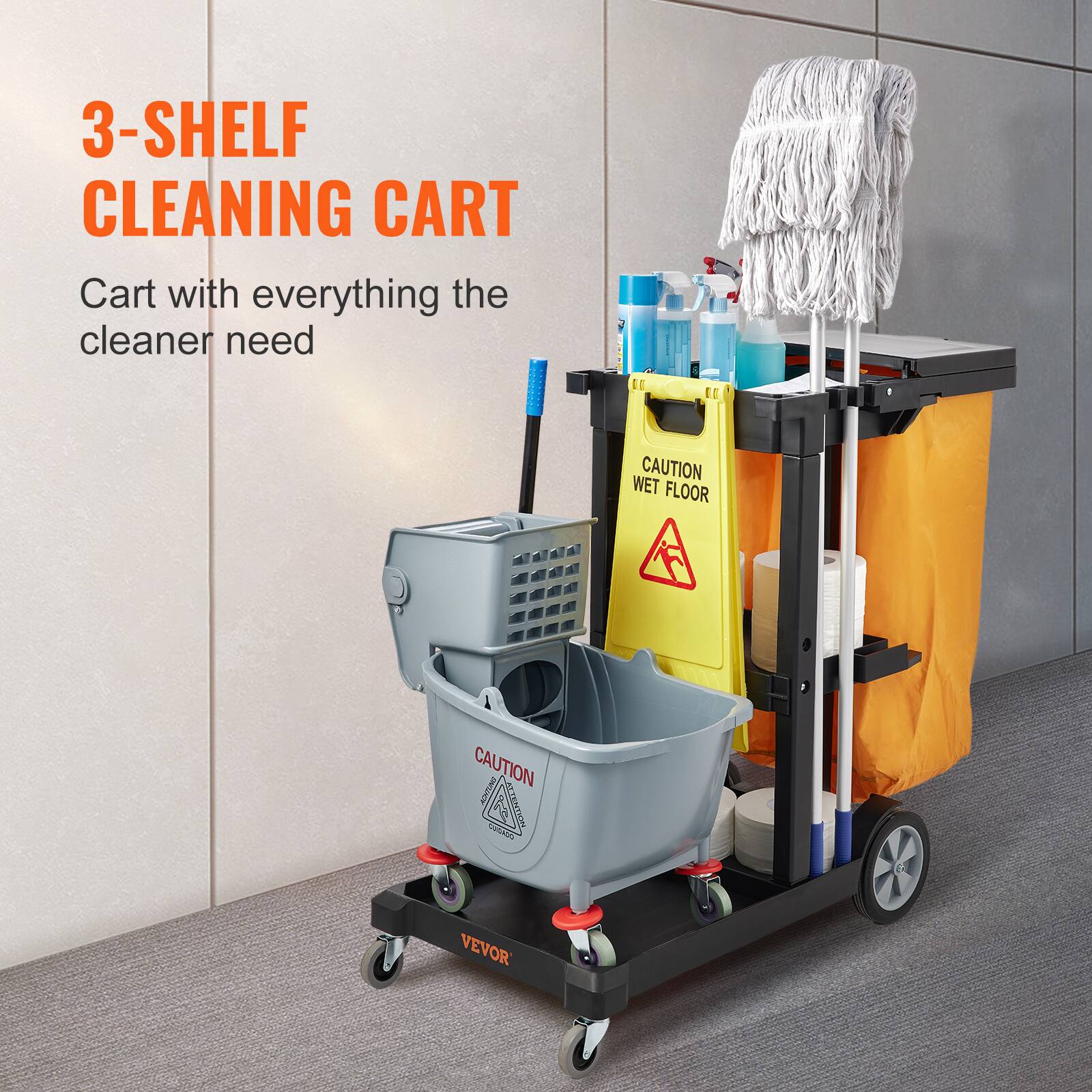 3-SHELF CLEANING CART  
Cart with everything the cleaner need  

CAUTION WET FLOOR  

CAUTION  

VEVOR