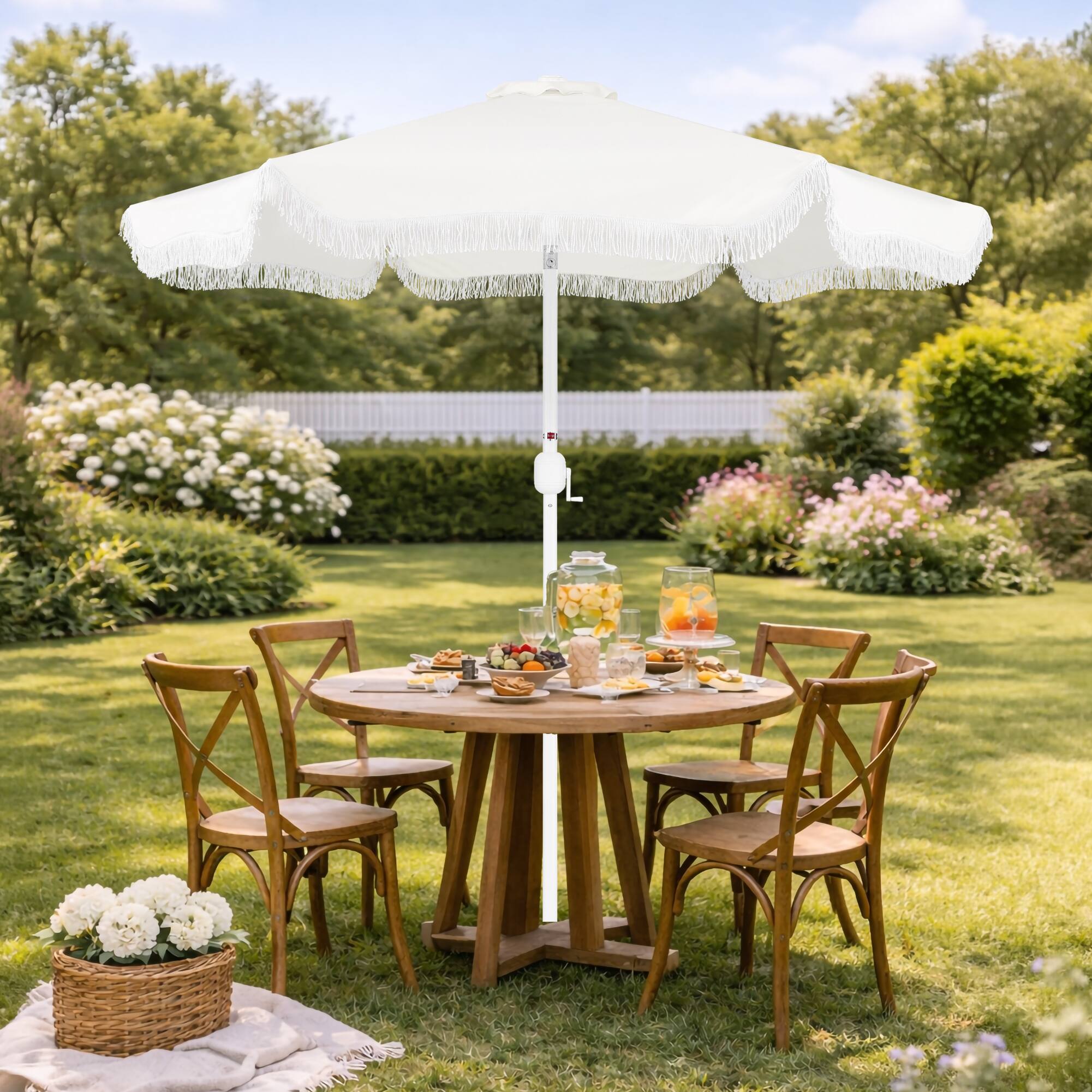 Alt View 7. Best Choice Products - Best Choice Products 9ft Fringe Market Umbrella  Boho Patio Sunshade w/ Tilt, UPF50+ - White - White.