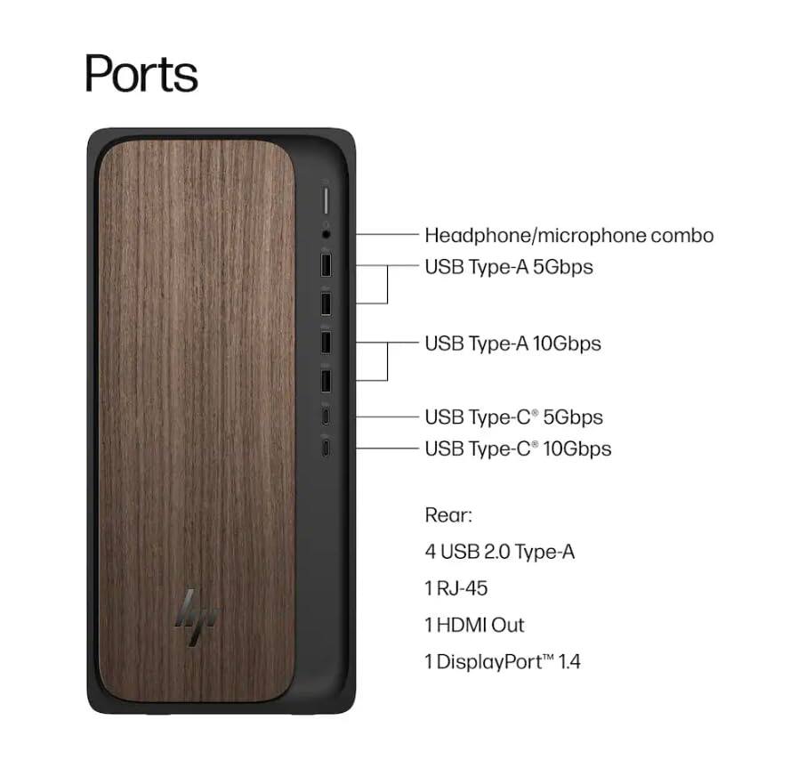 Ports

- Headphone/microphone combo
- USB Type-A 5Gbps
- USB Type-A 10Gbps
- USB Type-C 5Gbps
- USB Type-C 10Gbps

Rear:
- 4 USB 2.0 Type-A
- 1 RJ-45
- 1 HDMI Out
- 1 DisplayPort™ 1.4