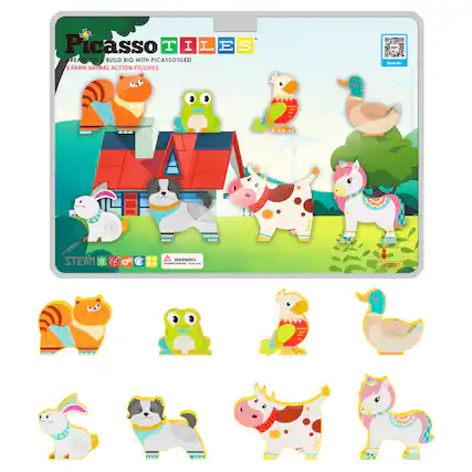 Picasso Tiles
DREAM BIG, BUILD BIG WITH PICASSOTILES!
8 FARM ANIMAL ACTION FIGURES
STEAM
WARNING:
CHOKING HAZARD - Small parts. Not for children under 3 years.
Scan Me
PIA27