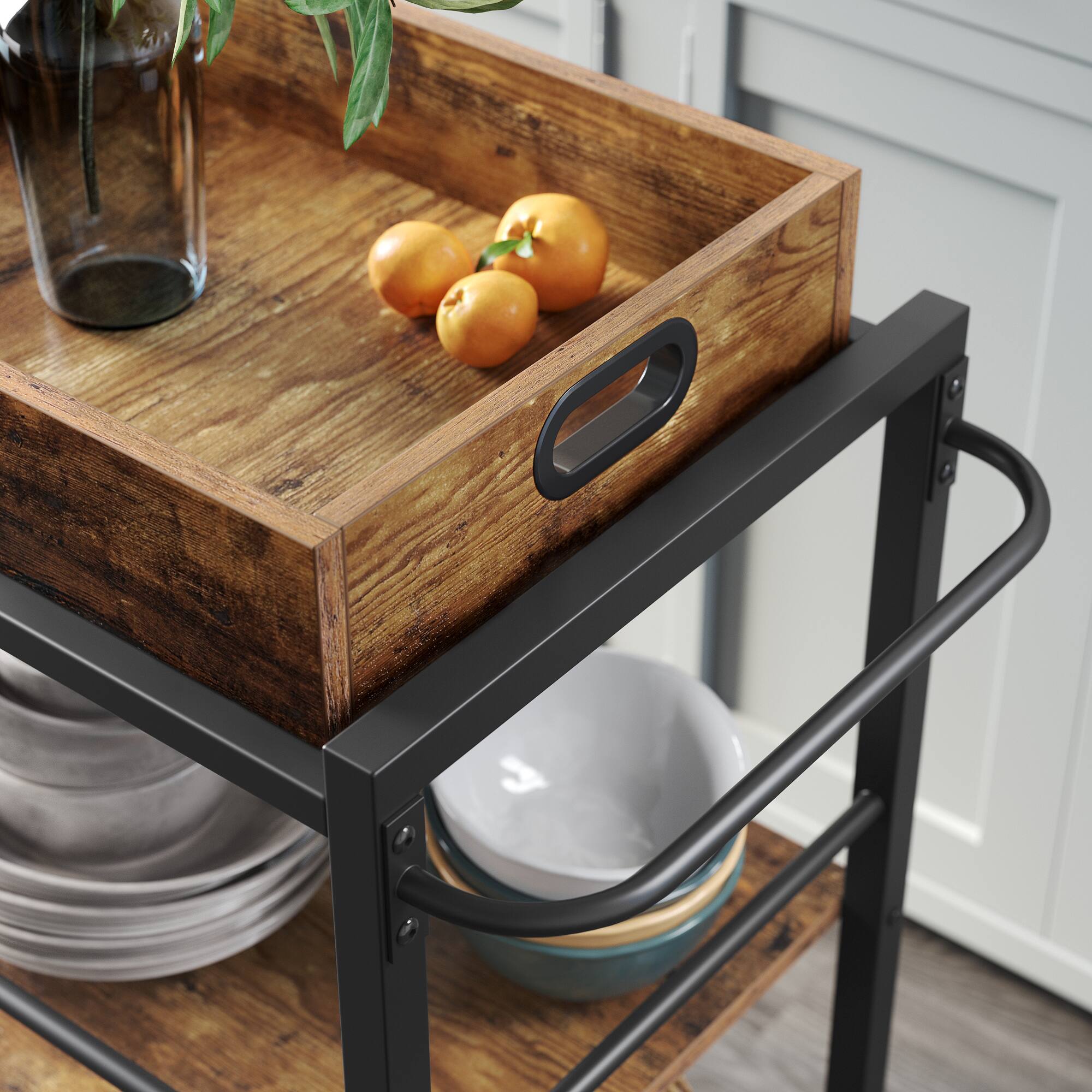 Back. Songmics Home - Kitchen Serving Cart with Removable Tray, 3-Tier Kitchen Utility Cart on Wheels with Storage, with Brakes, Leveling Feet - Rustic Brown and Black.