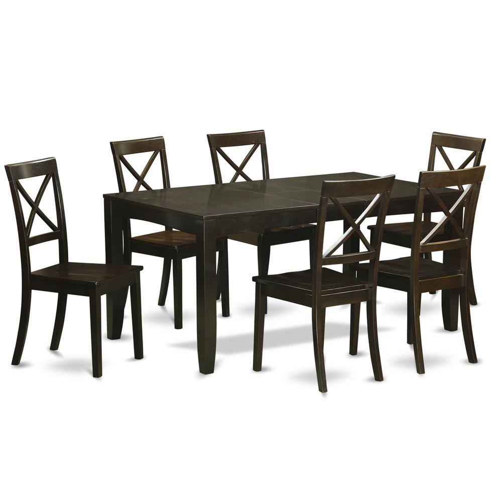 Left. East West Furniture - 7 PC formal Dining room set-Dining Table with Leaf 6 Chairs for Dining room - Cappuccino.