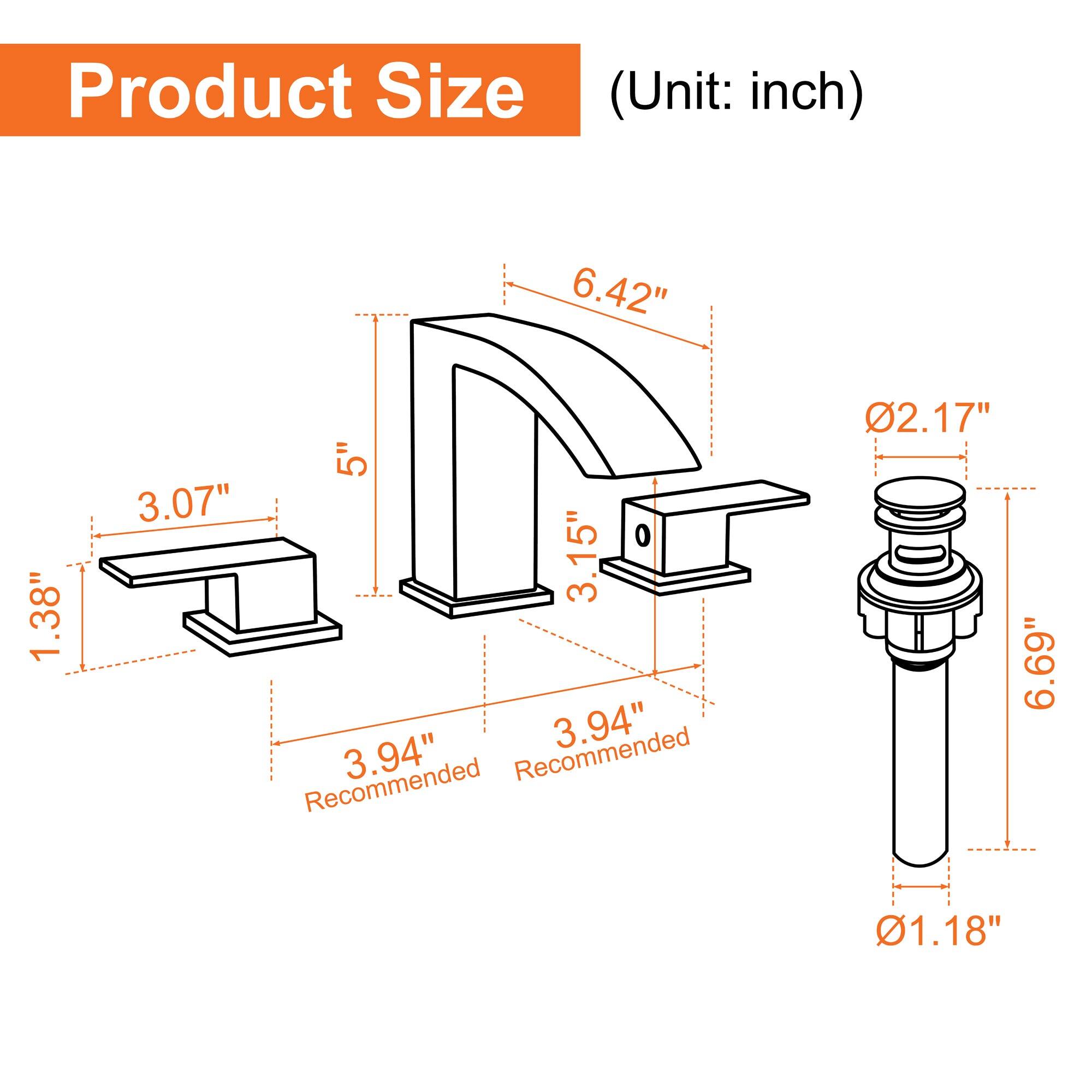 Product Size (Unit: inch)

- 6.42"
- 1.38"
- 5"
- 3.07"
- 3.15"
- 3.94" (Recommended)
- 3.94" (Recommended)
- 02.17"
- 6.69"
- 1.18"