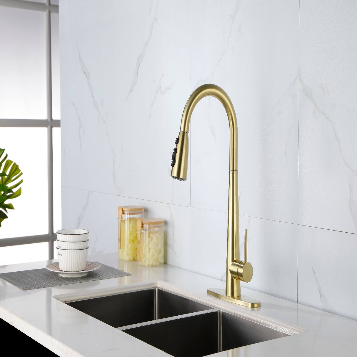 Alt View 10. Ropilly - Ropilly Pull Down Kitchen Faucet Brushed Gold Stainless Steel Single Handle Sink Faucet with Sprayer - Brushed Gold.