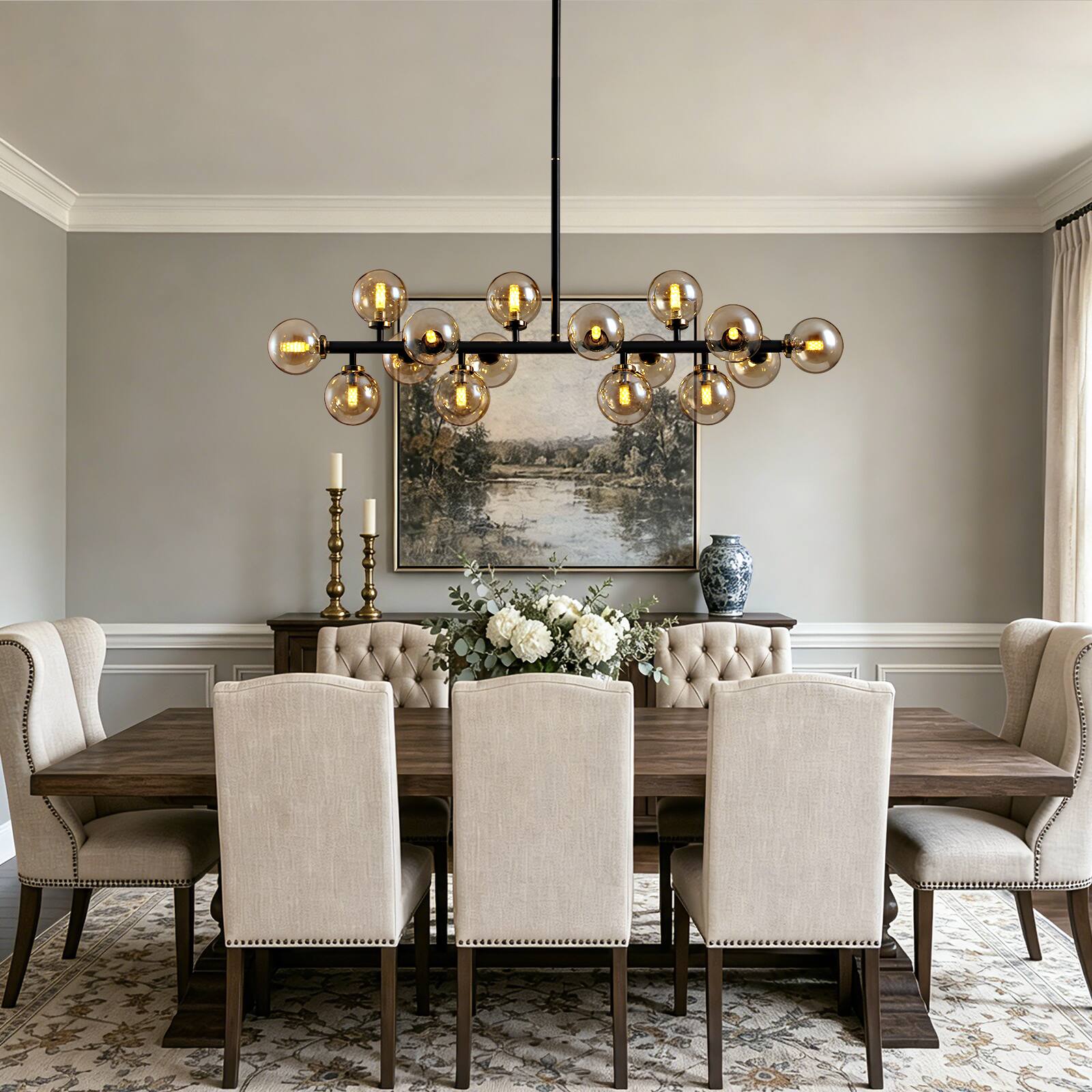Left. Siljoy - 39.4In Black Gold 16-Light Linear Sputnik Chandelier Adjustable Amber Glass Pendant for Dining Kitchen Living Room - amber.
