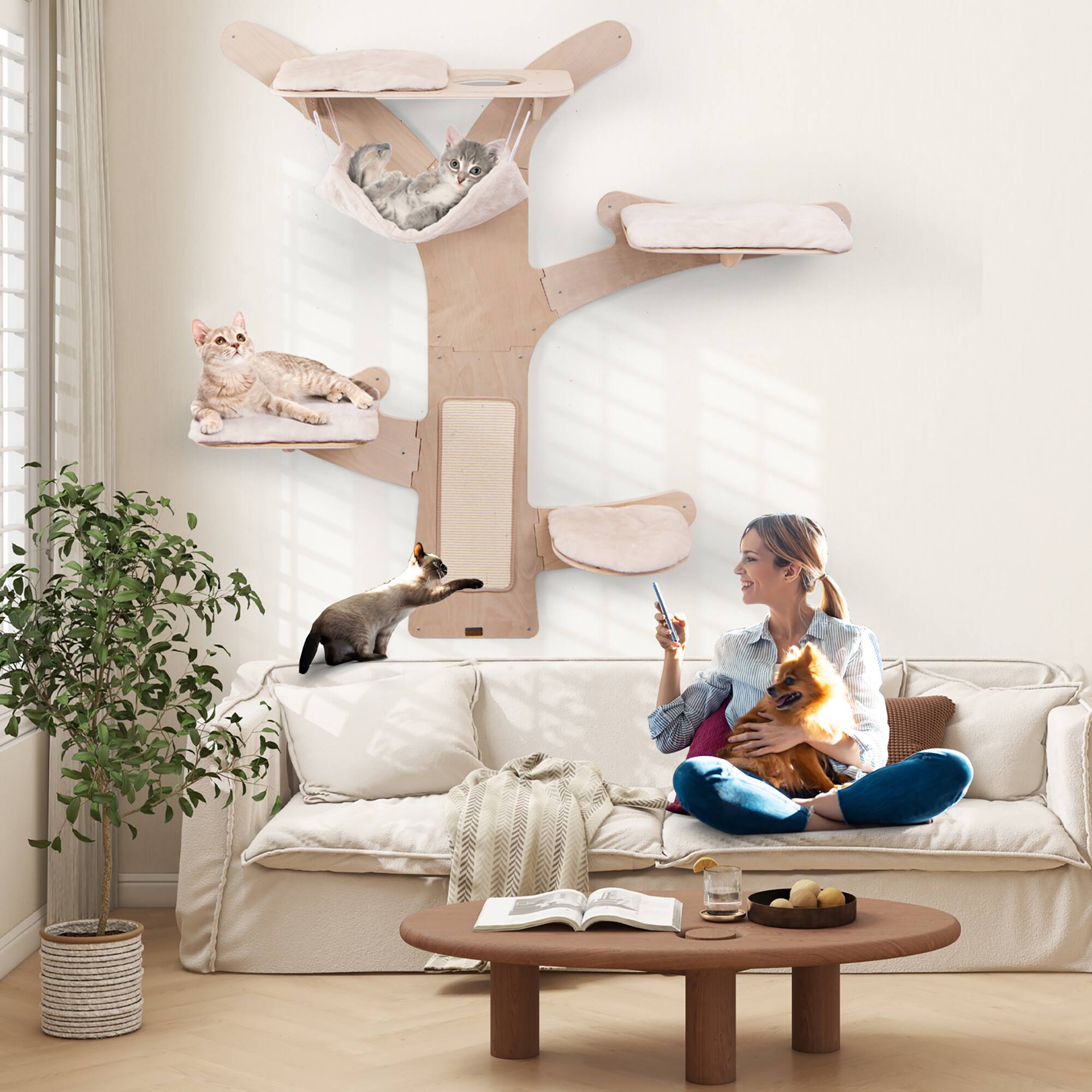 Alt View 4. Gymax - Gymax Wall-Mounted Cat Tower w/ Hammock 4 Platforms Sisal Scratching Mat for Indoor - Natural & White.