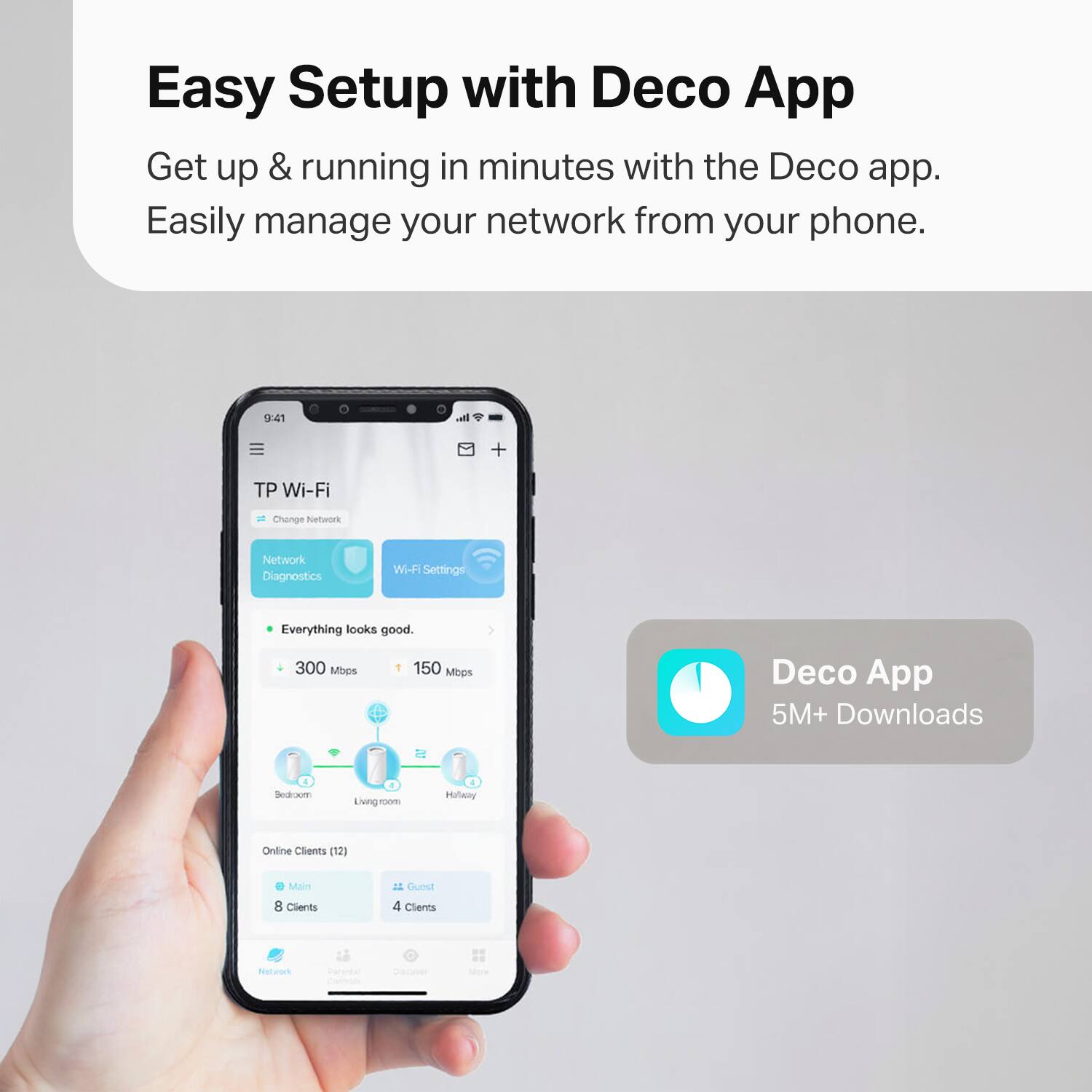 Easy Setup with Deco App  
Get up & running in minutes with the Deco app. Easily manage your network from your phone.

TP Wi-Fi  
Change Network  
Network Diagnostics  
Wi-Fi Settings  
Everything looks good.  
300 Mbps  
150 Mbps  

Deco App  
5M+ Downloads  

Online Clients (12)  
Main  
8 Clients  
Guest  
4 Clients  

Bedroom  
Living room  
Hallway