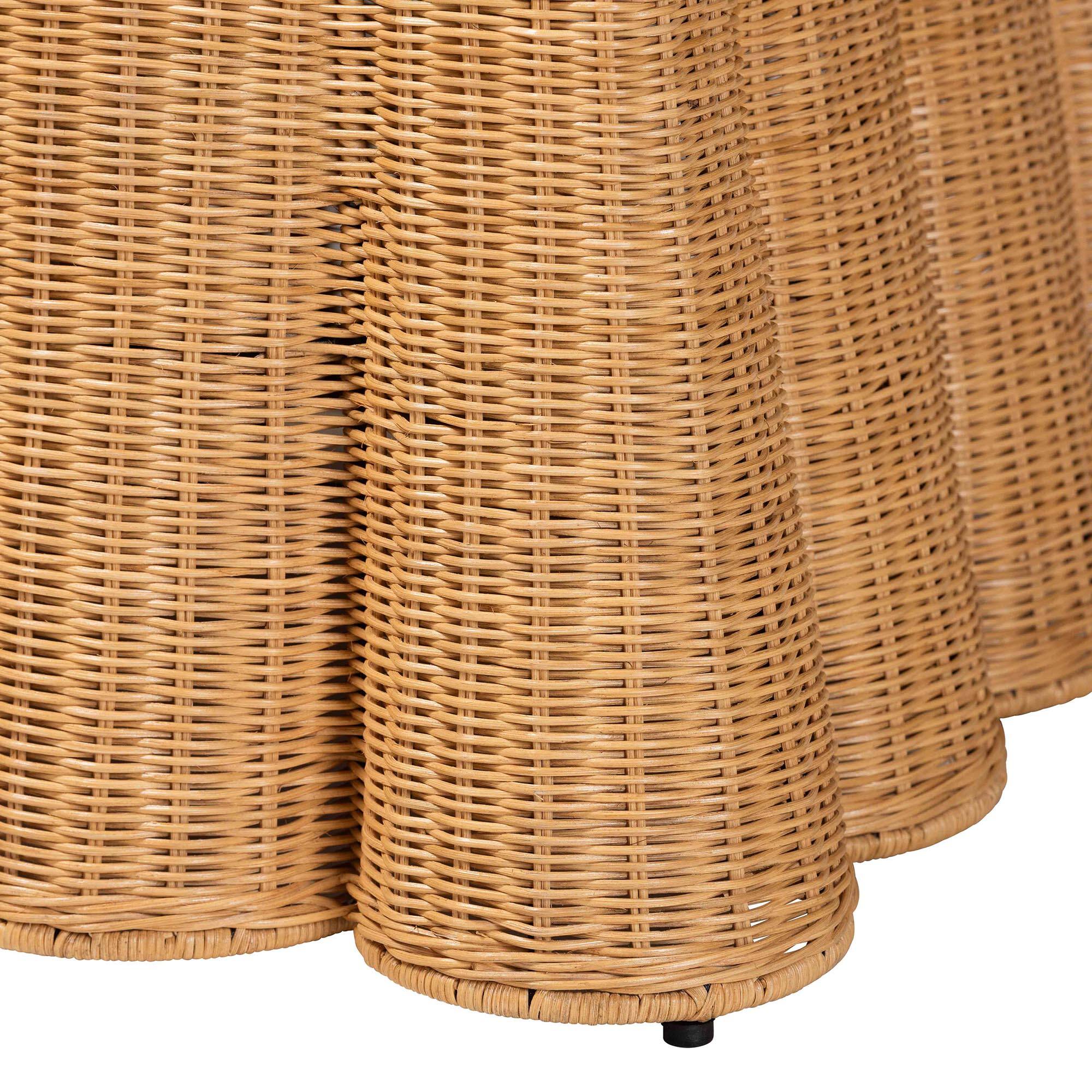 Left. bali & pari - Palm Bohemian Scallop Rattan Ottoman - Honey.