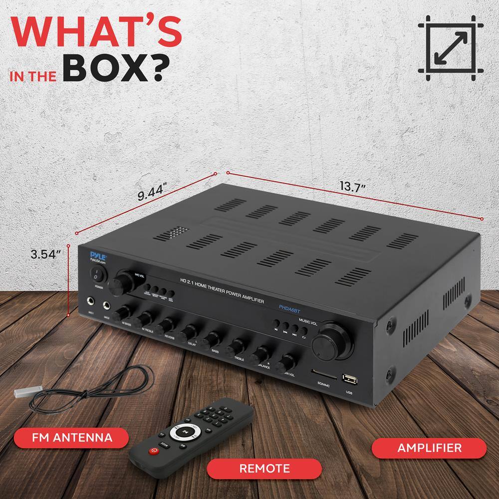 WHAT'S IN THE BOX?

- HD 2.1 HOME THEATER POWER AMPLIFIER
- FM ANTENNA
- REMOTE

9.44" x 13.7" x 3.54"