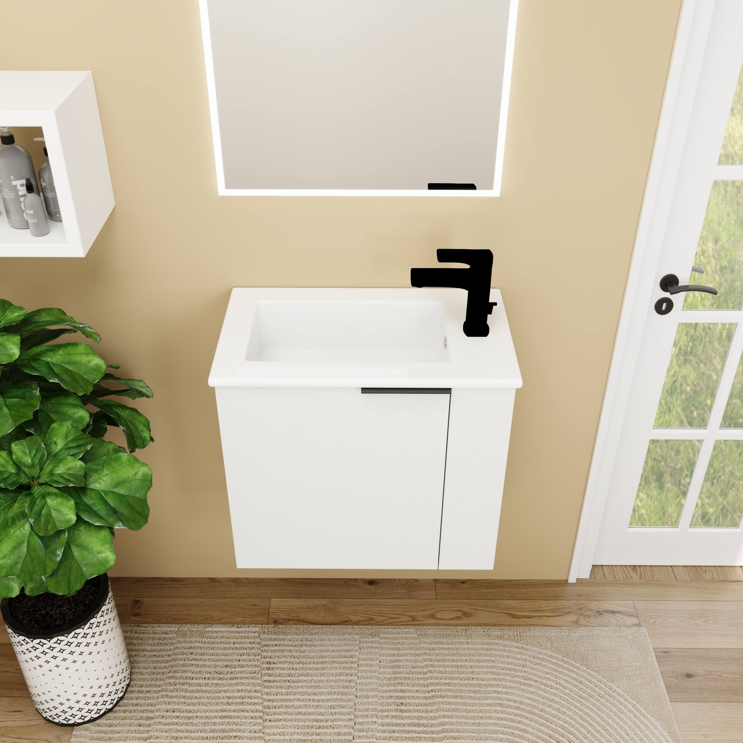 Back. ELEMENT ACE - Compact Floating Bathroom Vanity with Ceramic Sink and Soft Close Doors Perfect for Small Spaces - White.
