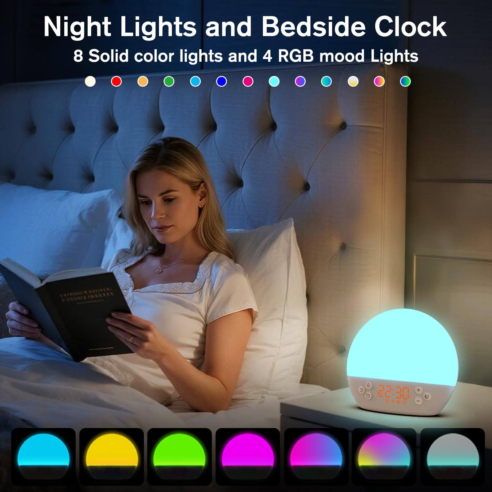 Night Lights and Bedside Clock  
8 Solid color lights and 4 RGB mood Lights