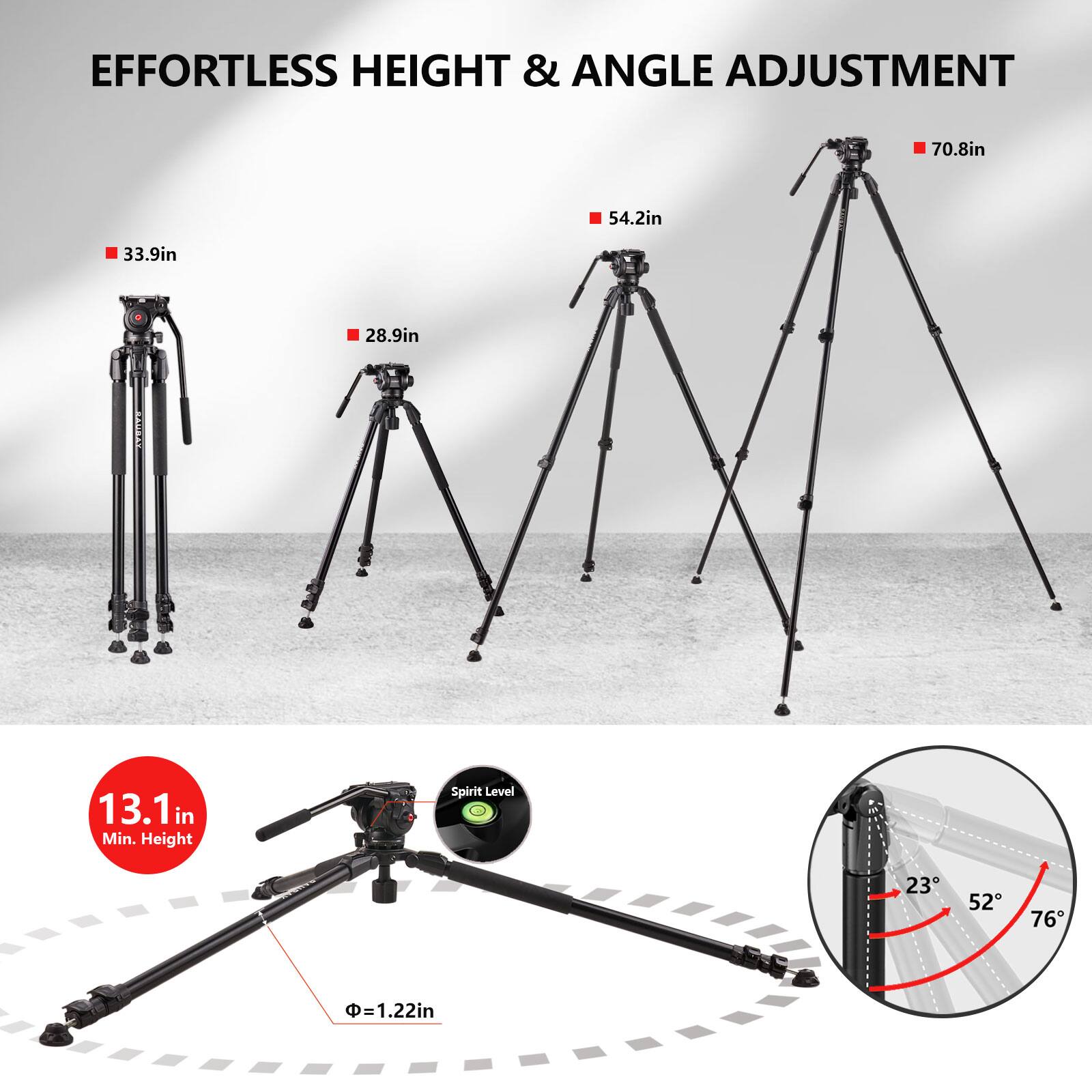 EFFORTLESS HEIGHT & ANGLE ADJUSTMENT 70.8in 54.2in 33.9in 28.9in 13.1 in Min. Height Spirit Level 23 52 76 =1.22in
