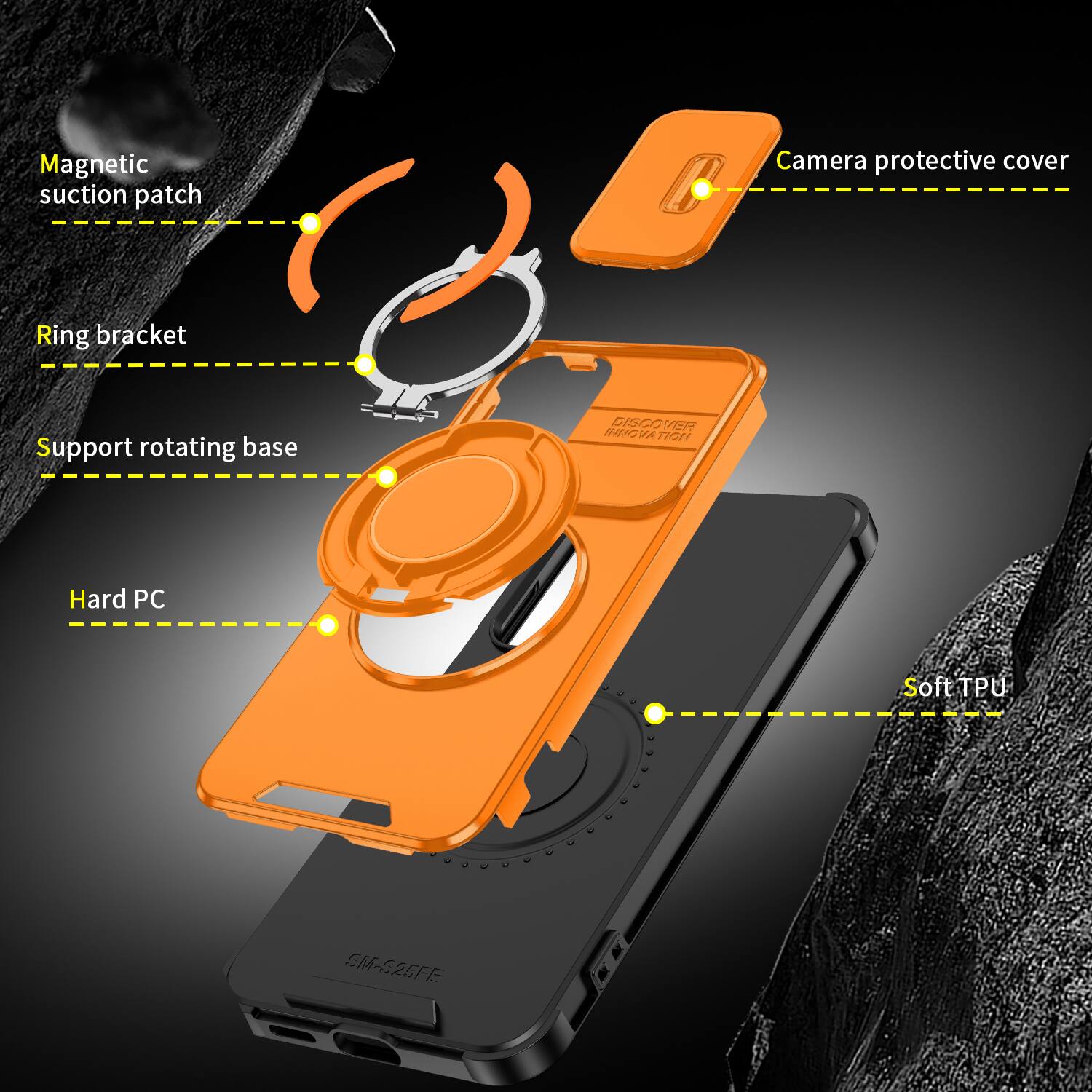 Magnetic suction patch  
Camera protective cover  
Ring bracket  
Support rotating base  
Hard PC  
Soft TPU  

DISCOVER INNOVATION  
SM-S25FF