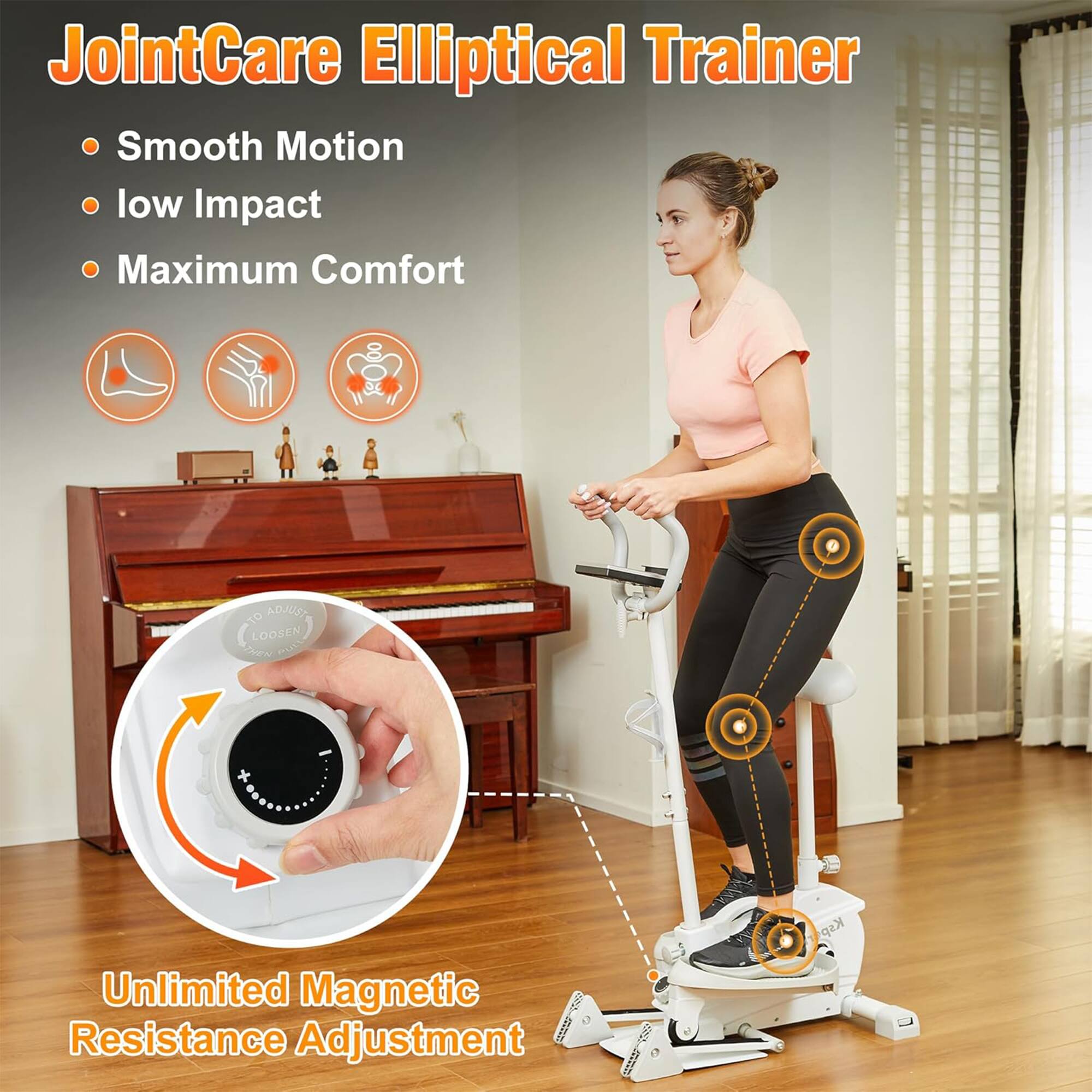 JointCare Elliptical Trainer  
- Smooth Motion  
- Low Impact  
- Maximum Comfort  

Unlimited Magnetic Resistance Adjustment