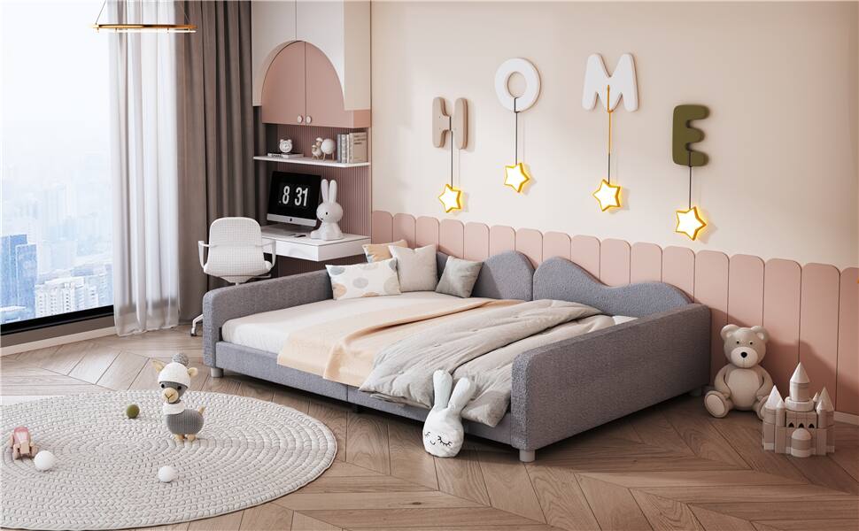 Alt View 5. Tiramisubest - Full size Upholstered Daybed, Sherpa Fabric Sofabed with Cloud-Shaped Backrest, No Box-spring Needed, Gray - Gray.