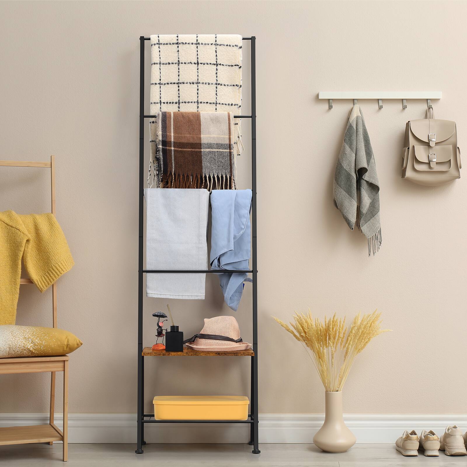Alt View 3. Oumilen - 4-Tier Leaning Blanket Ladder Rack with Storage Shelves, Matte Black Metal Towel Quilt Blanket Holder with 8 Hooks - Brown.
