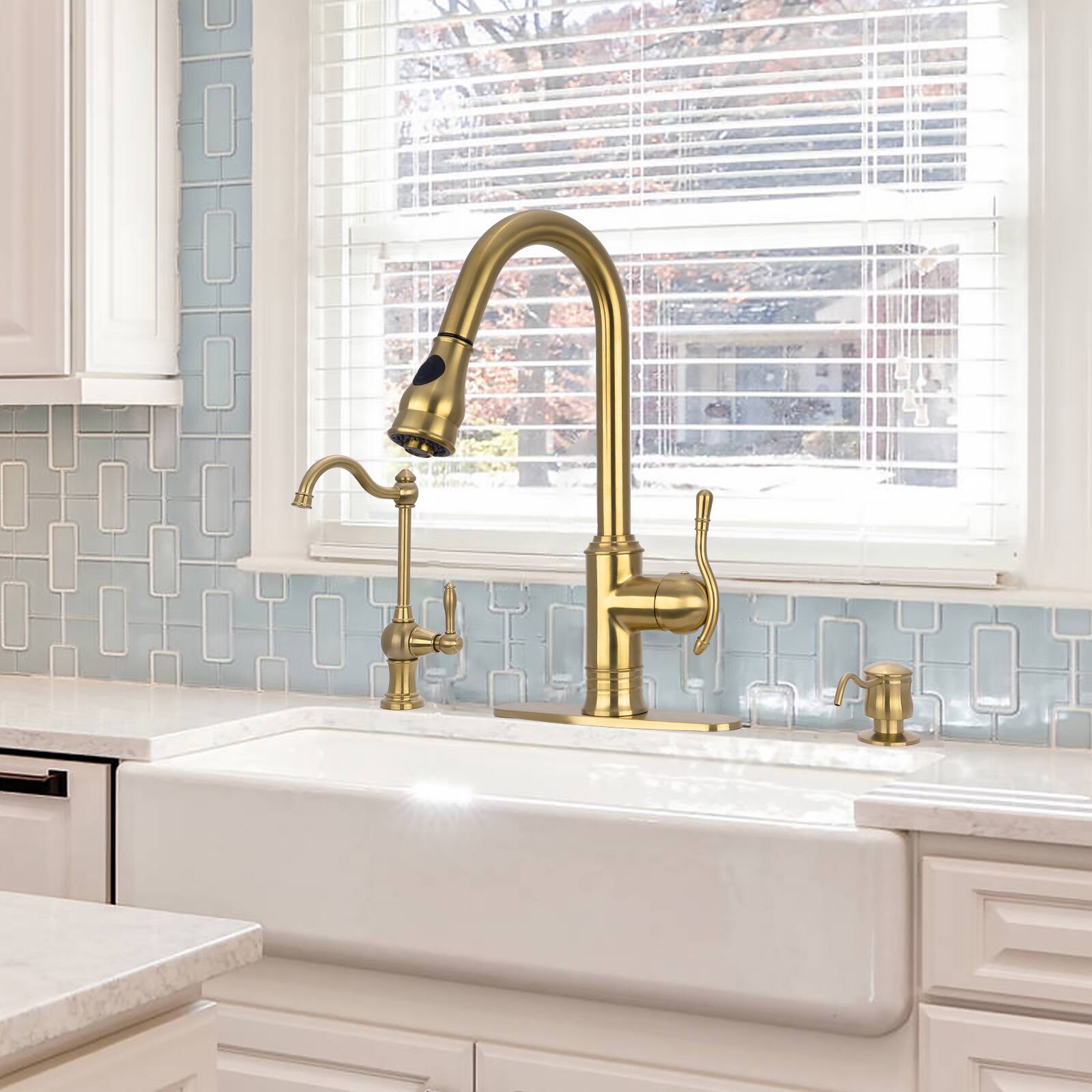 Alt View 7. Akicon - Akicon Solid Brass Single Handle Kitchen Faucet with Pull Down Sprayer in Brushed Gold - Brushed Gold.