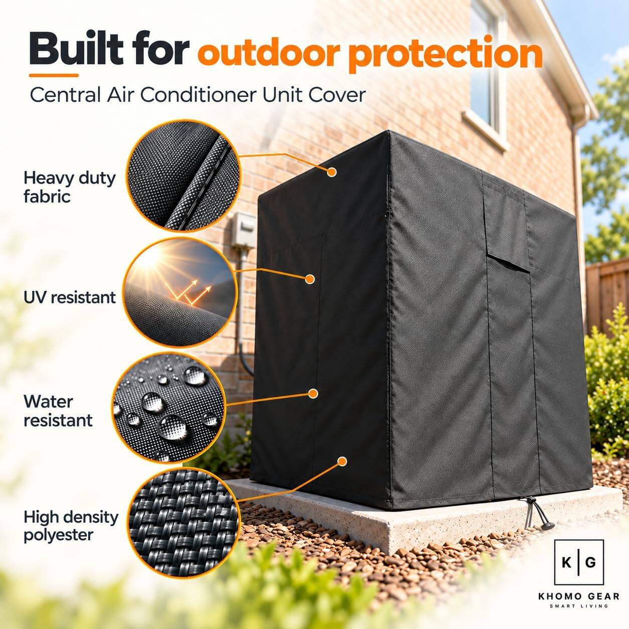 Built for outdoor protection  
Central Air Conditioner Unit Cover  

Heavy duty fabric  
UV resistant  
Water resistant  
High density polyester  

KHOMO GEAR  
SMART LIVING