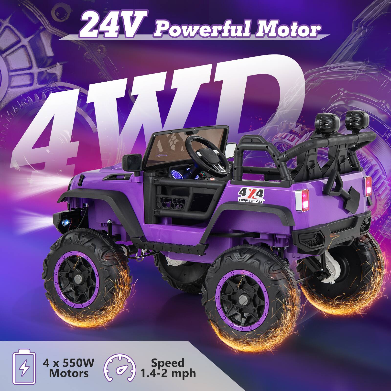 24V Powerful Motor  
4WD  

4 x 550W Motors  
Speed 1.4-2 mph