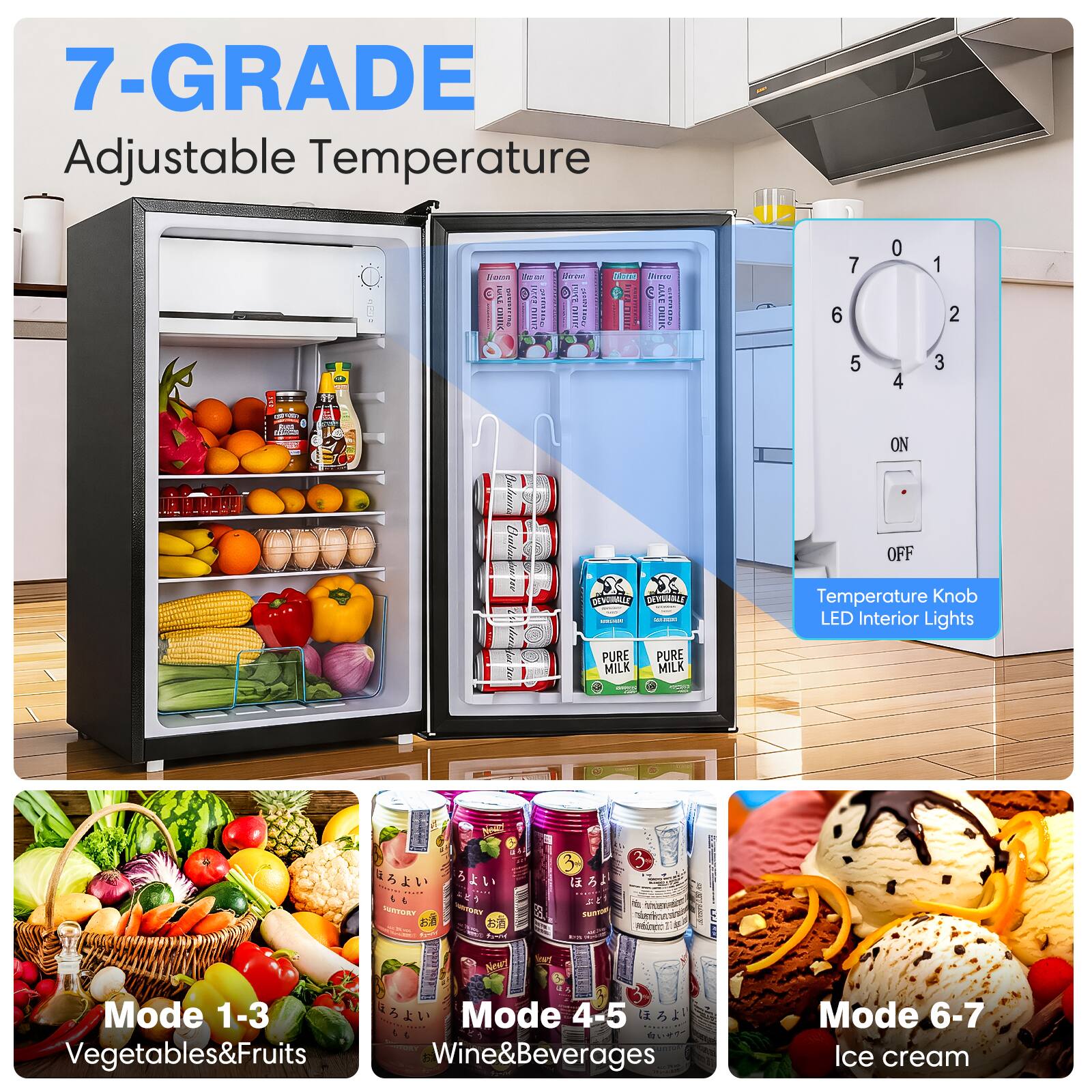 7-Grade Adjustable Temperature

- Temperature Knob
- LED Interior Lights

Mode 1-3: Vegetables & Fruits

Mode 4-5: Wine & Beverages

Mode 6-7: Ice cream