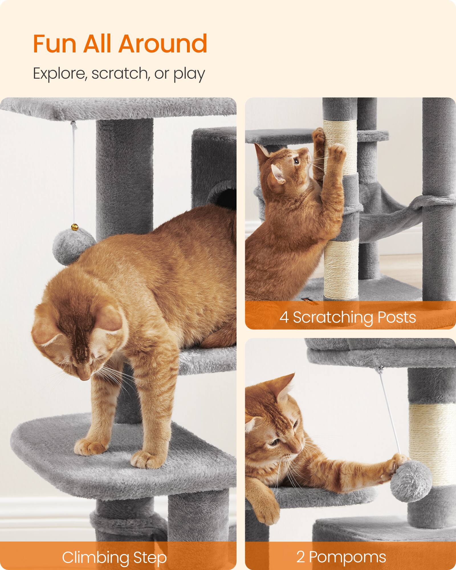 Fun All Around  
Explore, scratch, or play

4 Scratching Posts  
Climbing Step  
2 Pompons