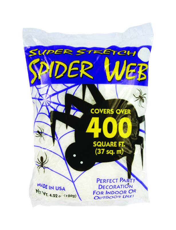 SUPER STRETCH SPIDER WEB  
COVERS OVER 400 SQUARE FT. (37 sq. m)  
MADE IN USA  
NET WT. 4.22 OZ (120g)  
PERFECT PARTY DECORATION FOR INDOOR OR OUTDOOR USE!
