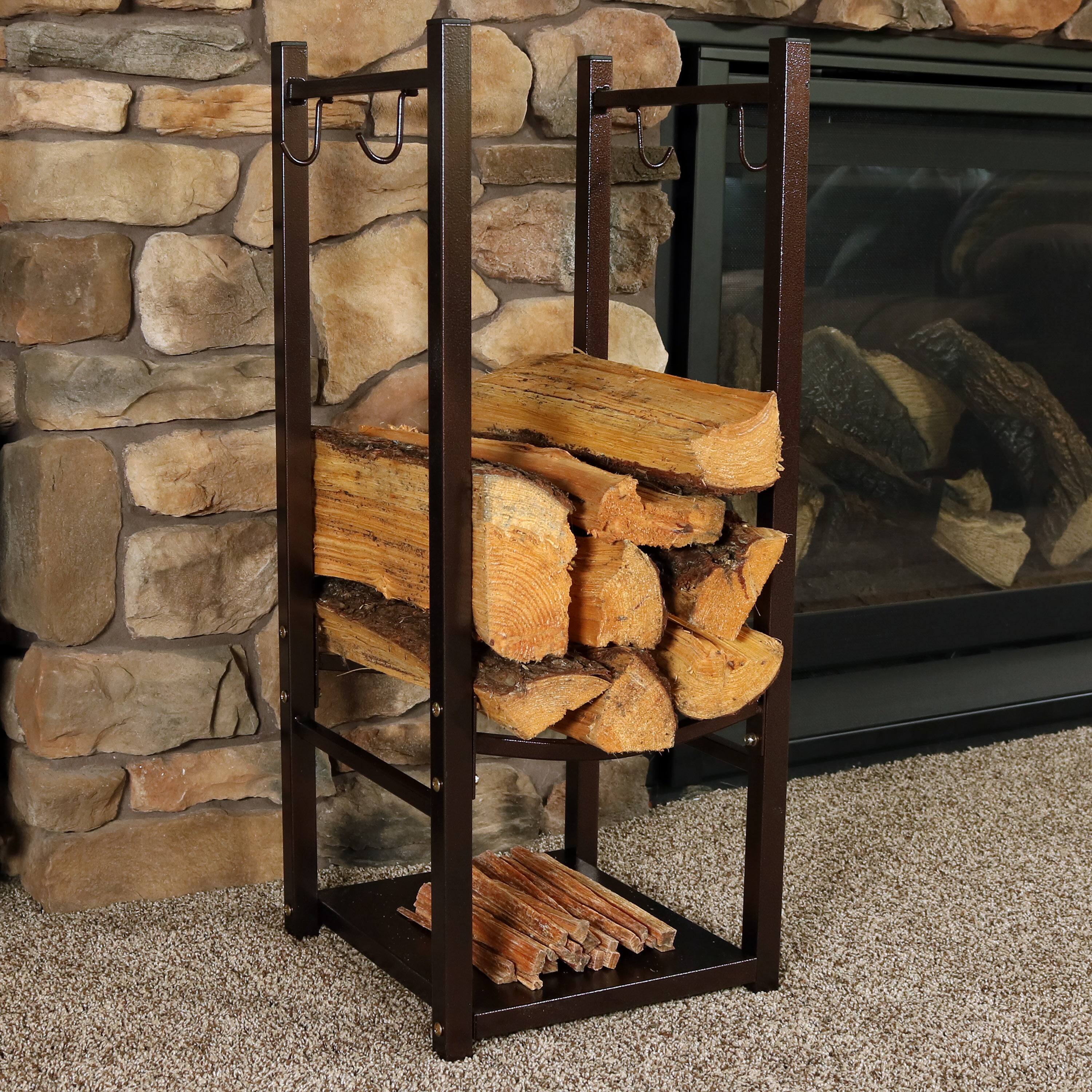 Alt View 4. Sunnydaze - 32 in Steel Firewood Log Rack with Tool Holders - Bronze.