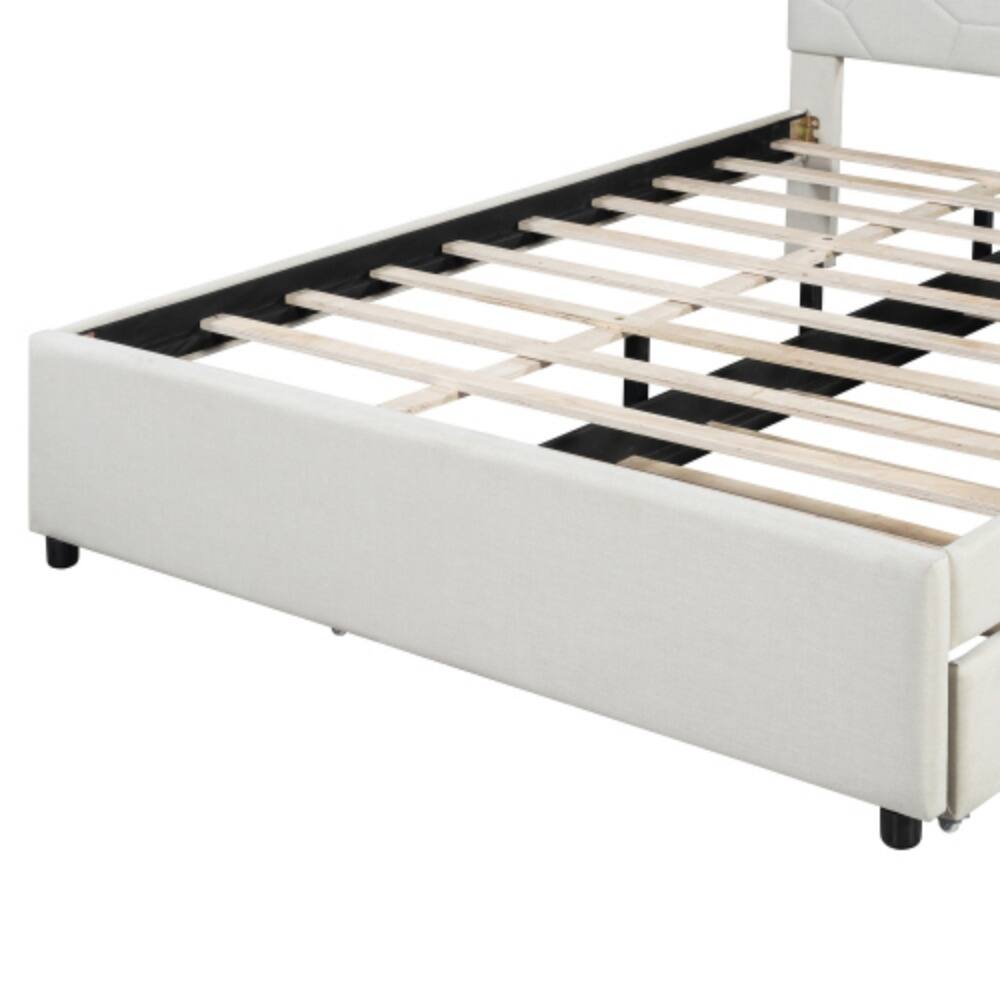 Back. LUCKY ONE - Queen Size Upholstered Platform Bed with Brick Pattern Headboard and Twin XL Trundle, Linen Fabric, No Box Spring Needed - Beige.
