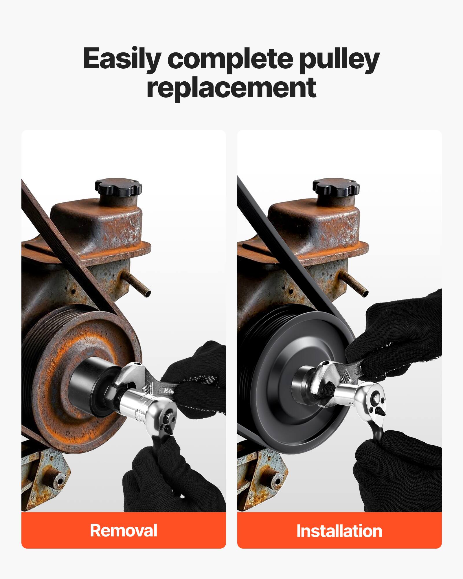 Easily complete pulley replacement

Removal

Installation