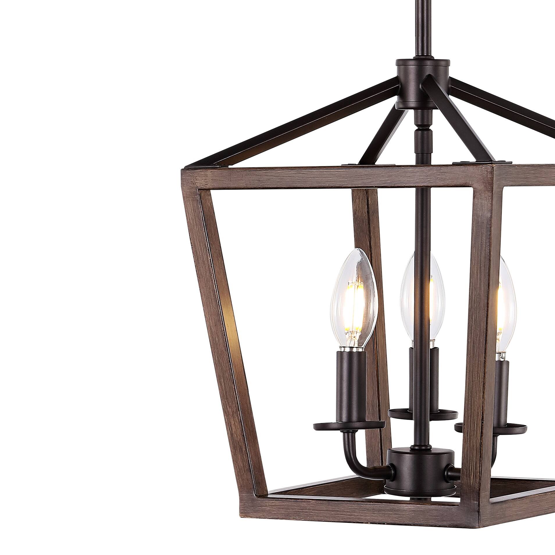 Alt View 4. Jonathan Y - Oria 10" 3-Light Iron Farmhouse Industrial Lantern LED Pendant, Oil Rubbed Bronze/Faux Wood - Oil Rubbed Bronze.