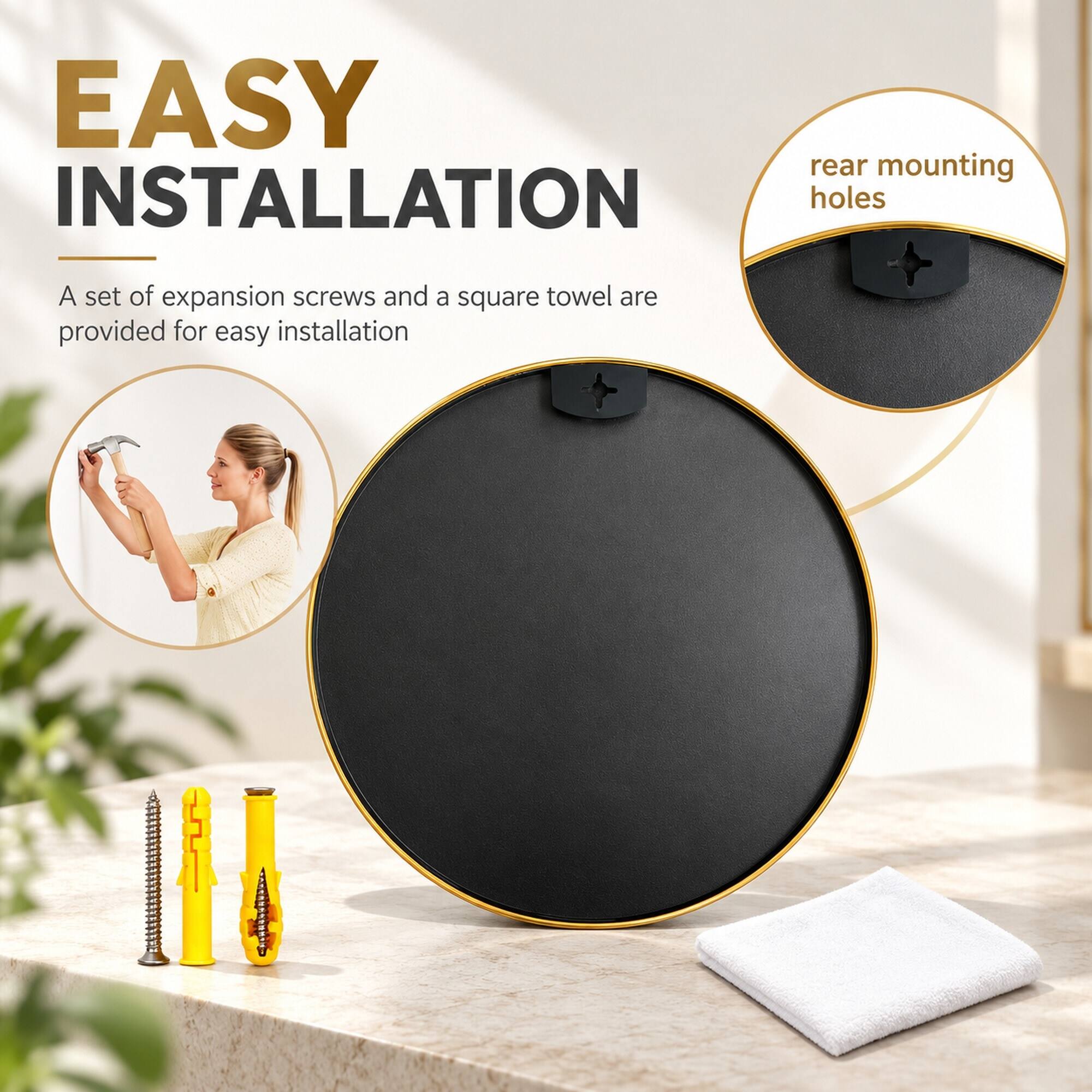 EASY INSTALLATION

A set of expansion screws and a square towel are provided for easy installation

rear mounting holes