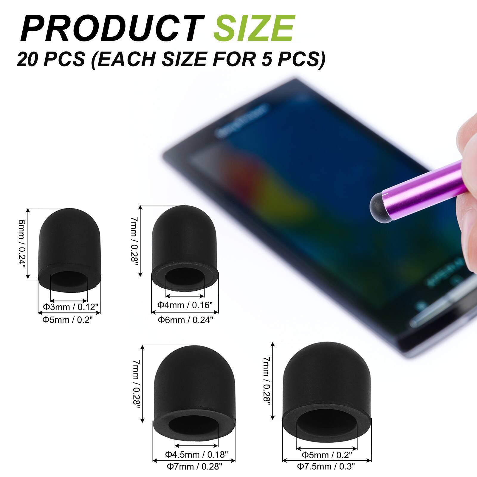 PRODUCT SIZE  
20 PCS (EACH SIZE FOR 5 PCS)  

- 6mm / 0.24"  
- 7mm / 0.28"  
- 3mm / 0.12"  
- 5mm / 0.2"  
- 4mm / 0.16"  
- 6mm / 0.24"  
- 7mm / 0.28"  
- 4.5mm / 0.18"  
- 7mm / 0.28"  
- 5mm / 0.2"  
- 7.5mm / 0.3"