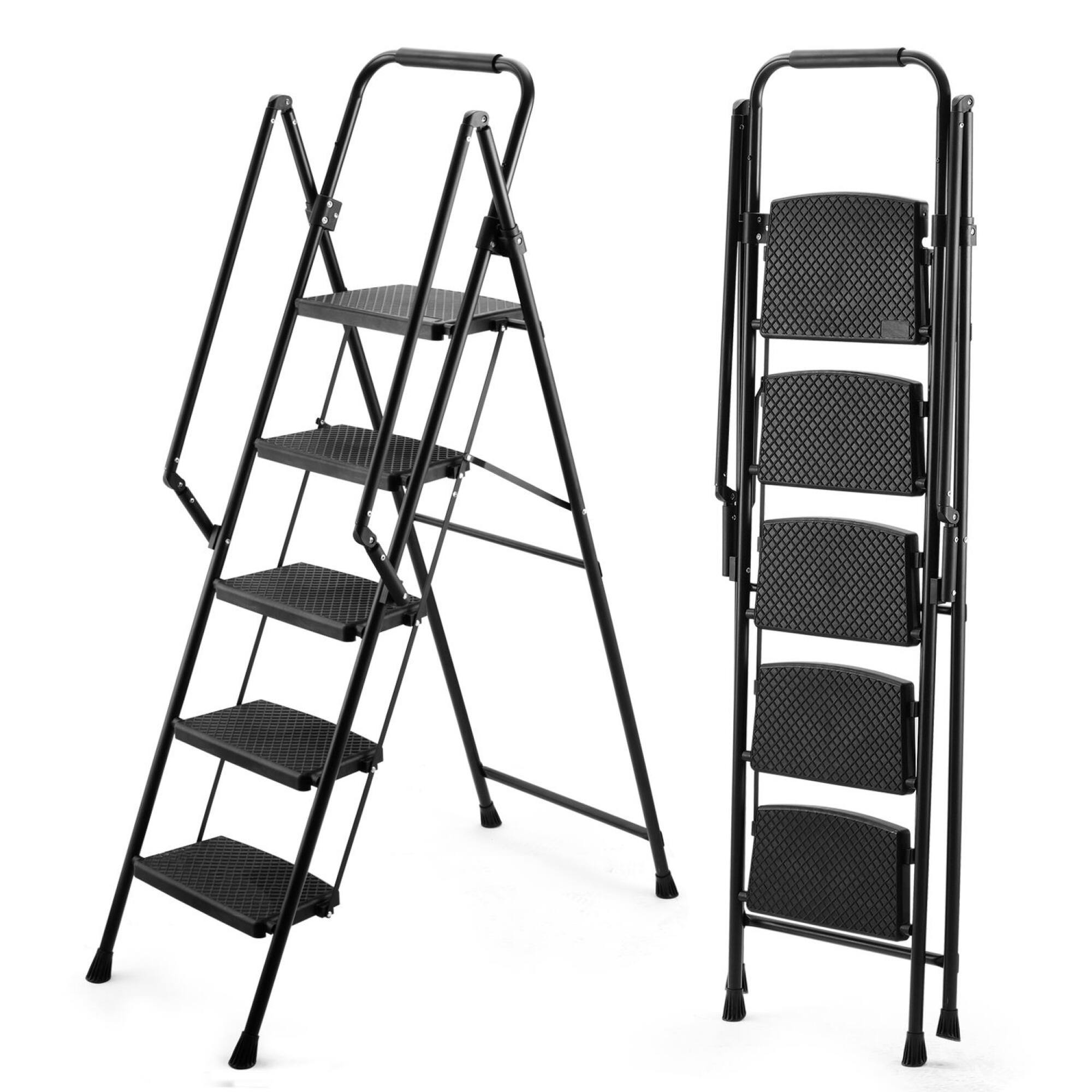 Front. ELEMENT ACE - 5-Step Folding Steel Ladder Stool with Anti-Slip Wide Pedals and Safety Handle, 330-Pound Capacity - Black.