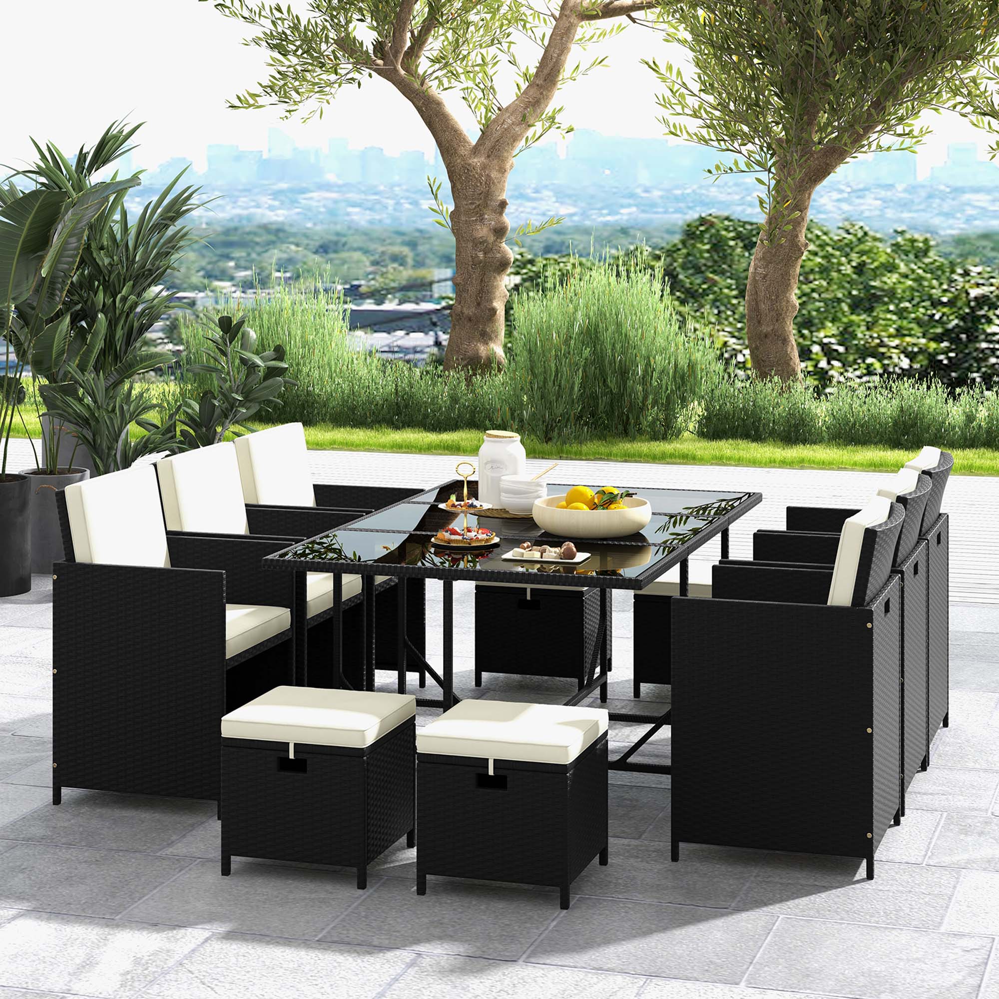 Alt View 1. Costway - 11 Pieces Patio Dining Set Space-saving Wicker Chairs & Tempered Glass Table - Black + White.
