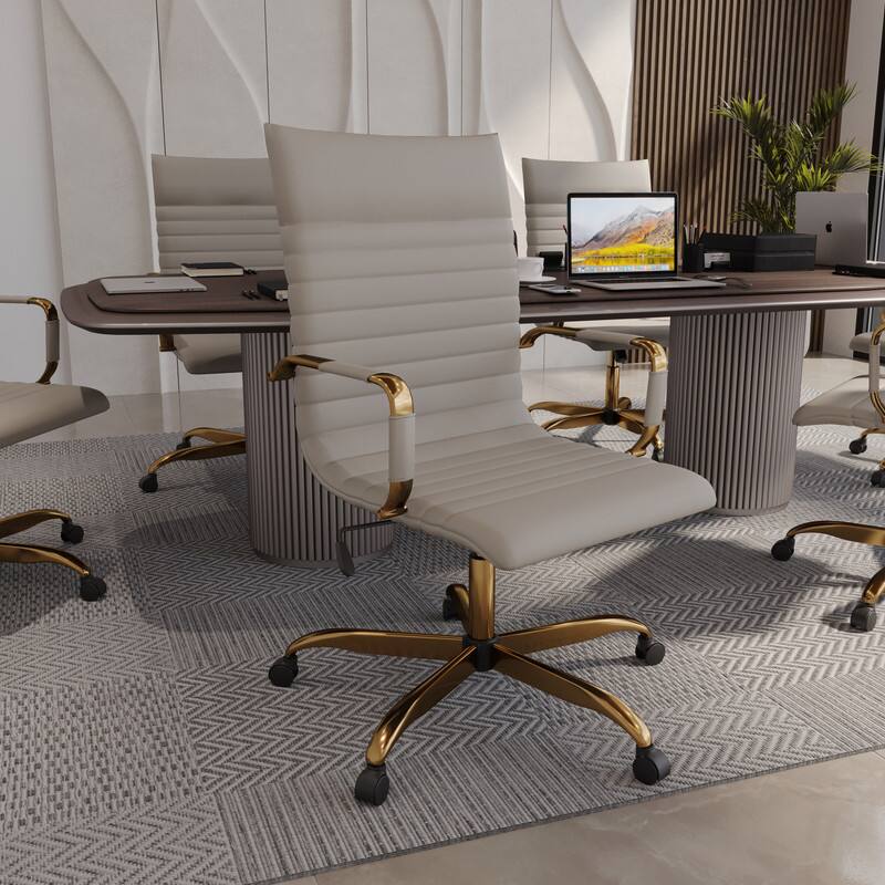 Left. LeisureMod - Harris Ergonomic High-Back Office Chair Leather Upholstery, Adjustable Swivel, Tilt, and Gold Stainless Steel Frame - Tan.