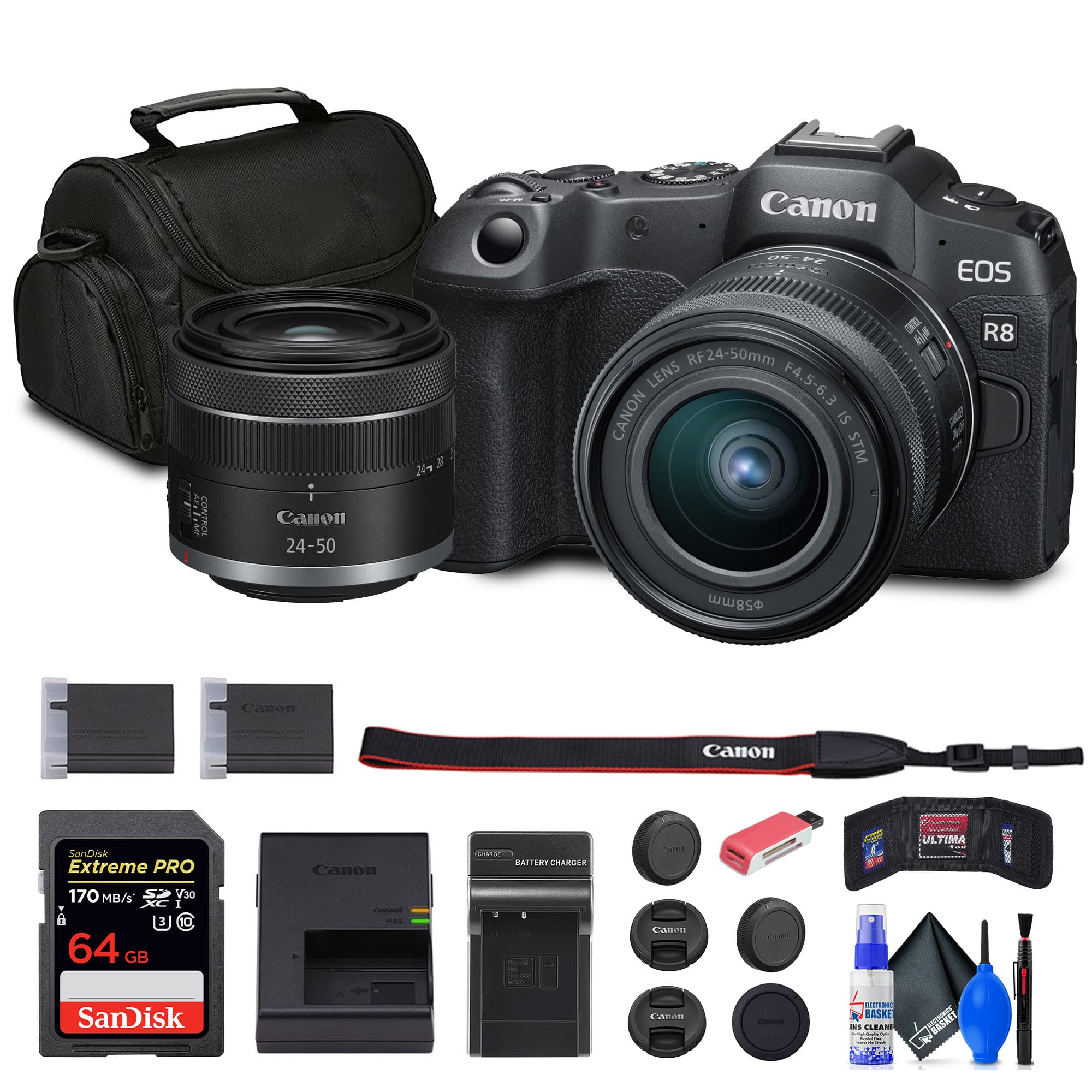 Canon EOS R8  
RF24-50mm Lens F4.5-6.3 IS STM  
Canon 24-50mm Lens  
SanDisk Extreme PRO 64GB 170MB/s V30  
Canon Charger  
Canon Battery  
Canon Lens Cap  
Canon Lens Hood  
Canon Strap  
Canon Cleaning Kit  
Ultima Lens Cleaning Spray  
Ultima Lens Cleaning Cloth  
Ultima Lens Cleaning Brush  
Ultima Lens Cleaning Pouch