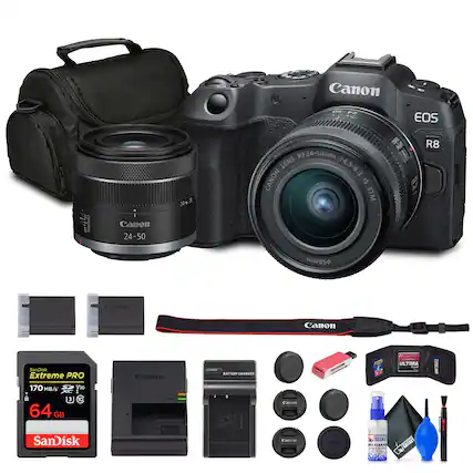 Canon EOS R8
RF24-50mm Lens F4.5-6.3 IS STM
Canon 24-50mm Lens
SanDisk Extreme PRO 64GB 170MB/s V30
Canon Charger
Canon Battery
Canon Lens Cap
Canon Lens Hood
Canon Strap
Canon Cleaning Kit
Ultima Lens Cleaning Spray
Ultima Lens Cleaning Cloth
Ultima Lens Cleaning Brush
Ultima Lens Cleaning Pouch