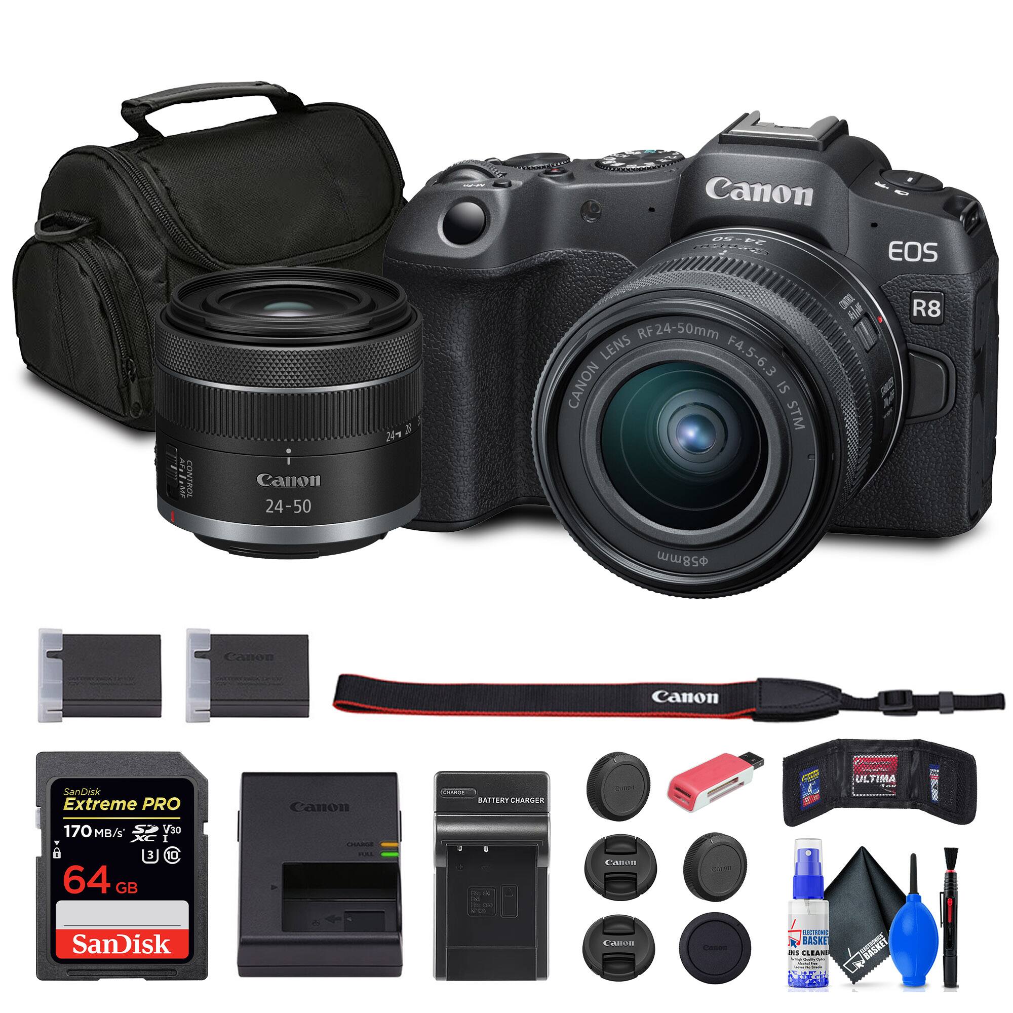 Canon EOS R8  
RF24-50mm Lens F4.5-6.3 IS STM  
Canon 24-50mm Lens  
SanDisk Extreme PRO 64GB 170MB/s V30  
Canon Charger  
Canon Battery  
Canon Lens Cap  
Canon Lens Hood  
Canon Strap  
Canon Cleaning Kit  
Ultima Lens Cleaning Spray  
Ultima Lens Cleaning Cloth  
Ultima Lens Cleaning Brush  
Ultima Lens Cleaning Pouch