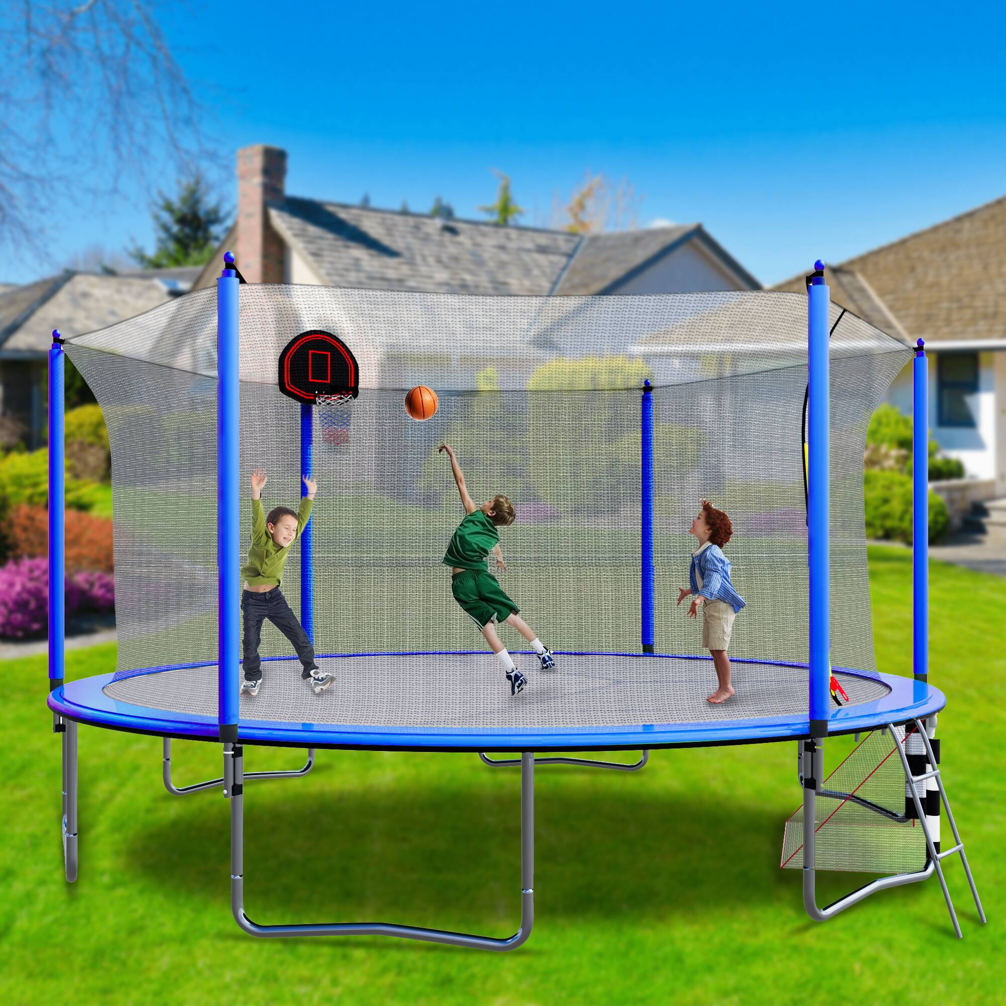 Left. LOVMOR - Lovmor 16 FT Trampoline with Basketball Hoop and Ladder Recreational Trampoline for Adults.