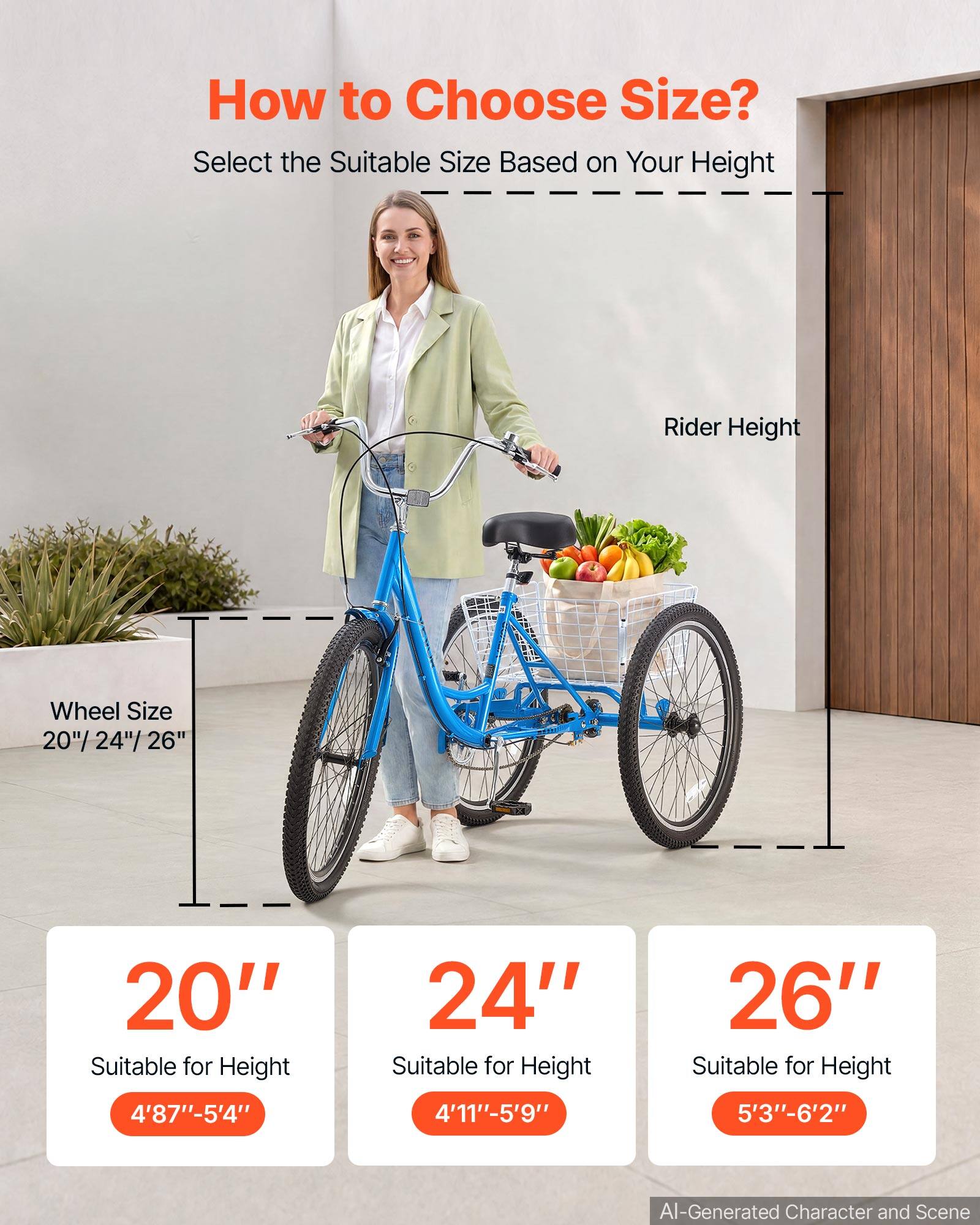 How to Choose Size?  
Select the Suitable Size Based on Your Height  

Wheel Size: 20" / 24" / 26"  

20"  
Suitable for Height: 4'8" - 5'4"  

24"  
Suitable for Height: 4'11" - 5'9"  

26"  
Suitable for Height: 5'3" - 6'2"  

AI-Generated Character and Scene